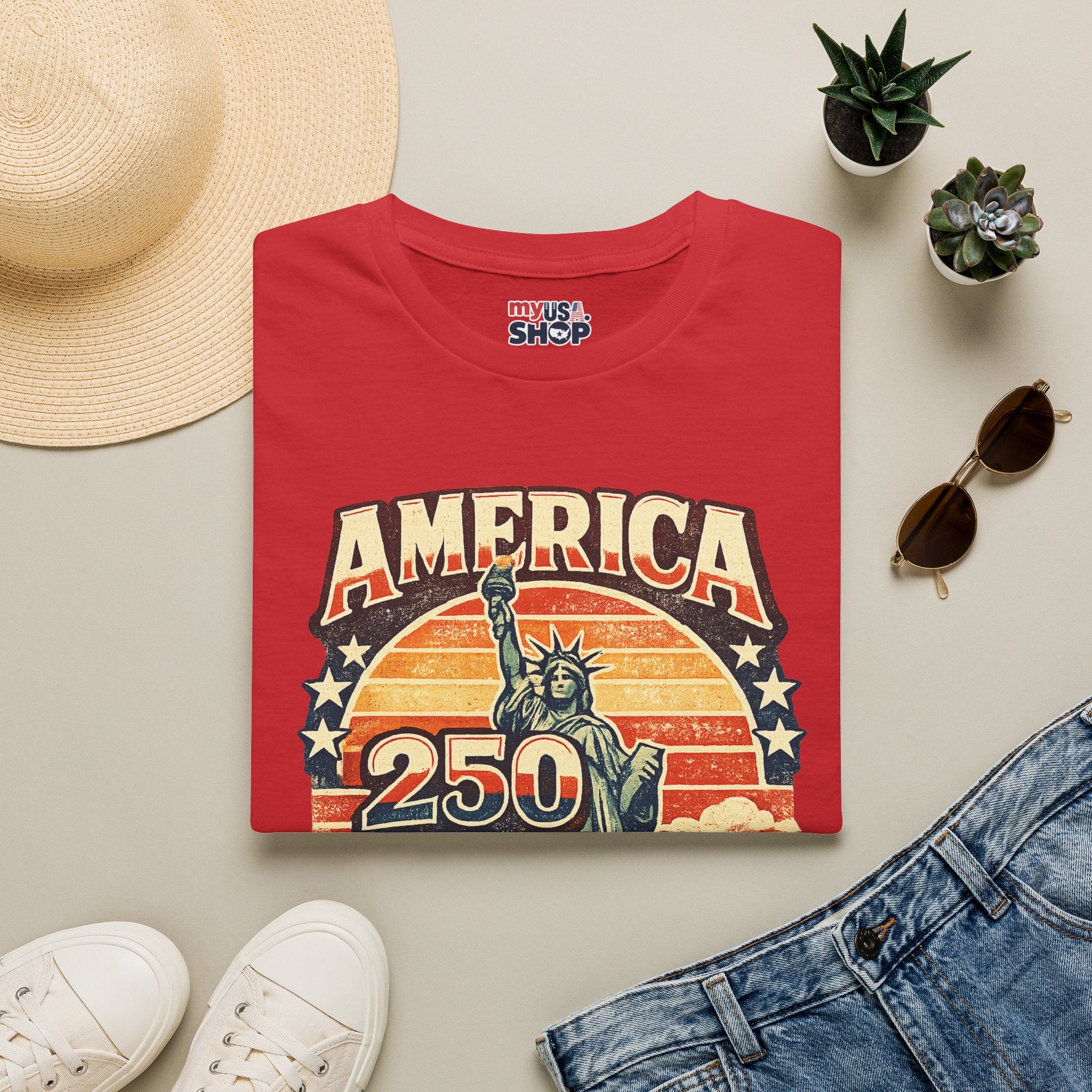 America 250 New York T-Shirt — Retro Statue of Liberty Graphic