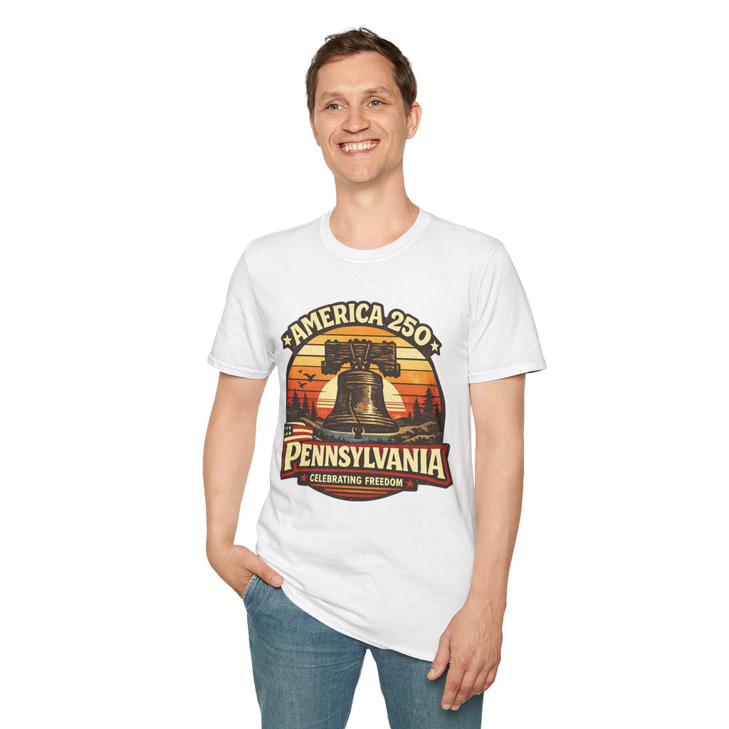 Pennsylvania America 250 Shirt — Retro Sunset Liberty Bell Graphic Tee