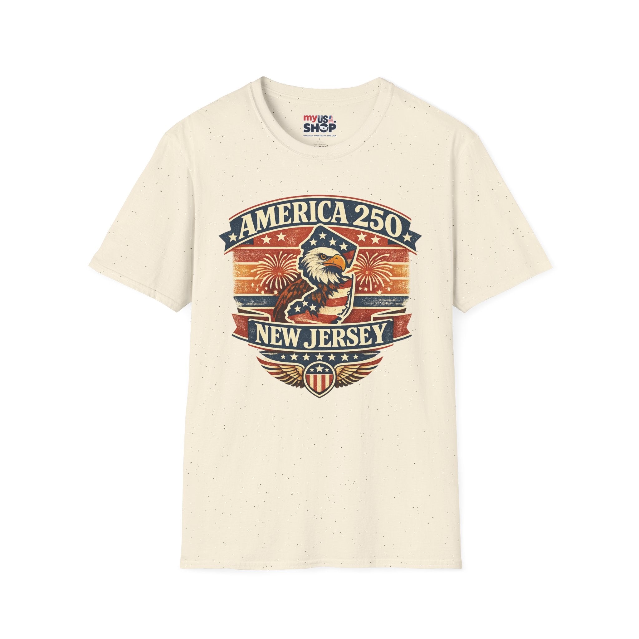 America 250 New Jersey T‑Shirt — Patriotic Bald Eagle & Fireworks Tee