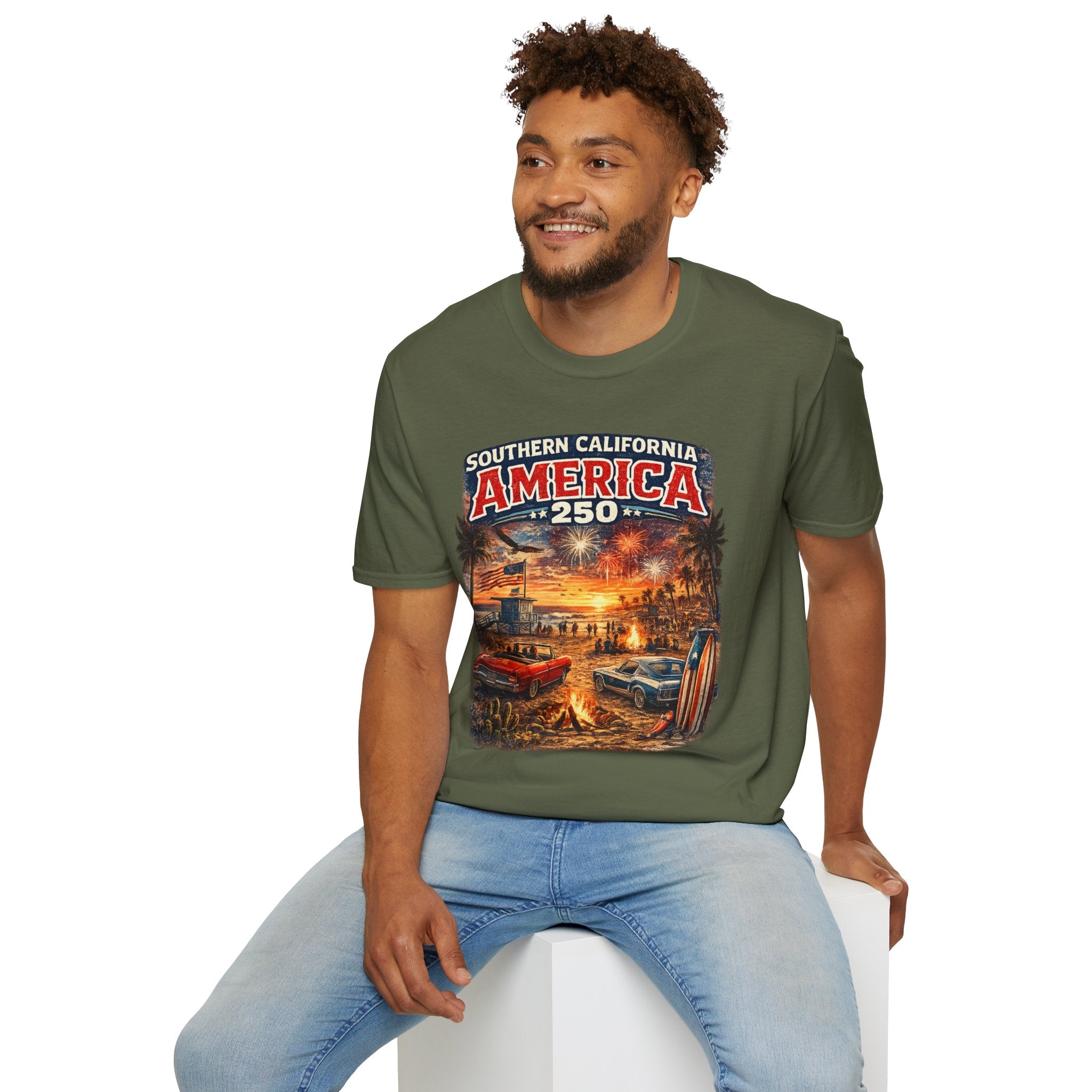 America 250 Southern California Sunset T-Shirt — Patriotic 4th of July Beach Vintage Tee