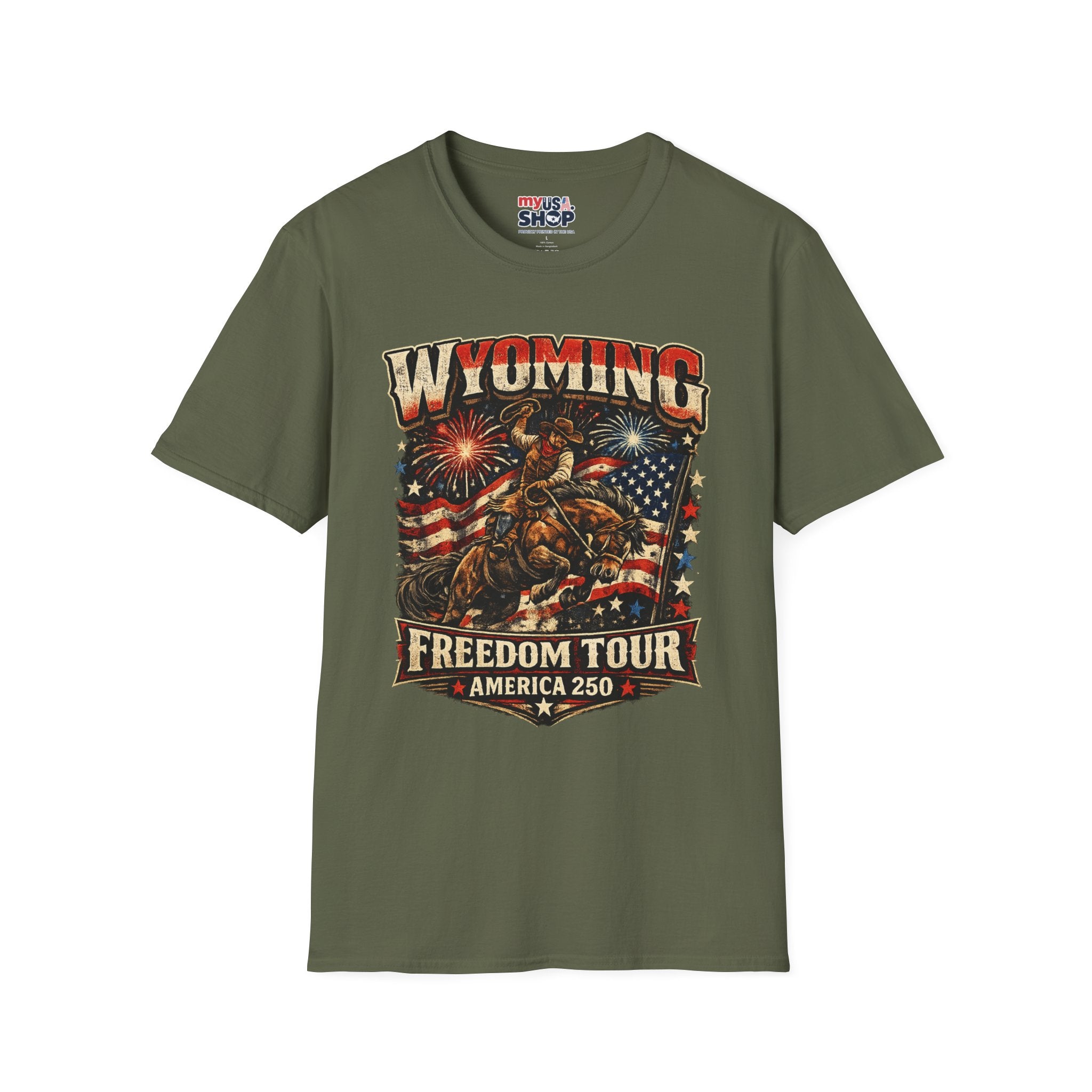 America 250 Freedom Tour T-Shirt — Wyoming Patriotic Rodeo USA Graphic Tee