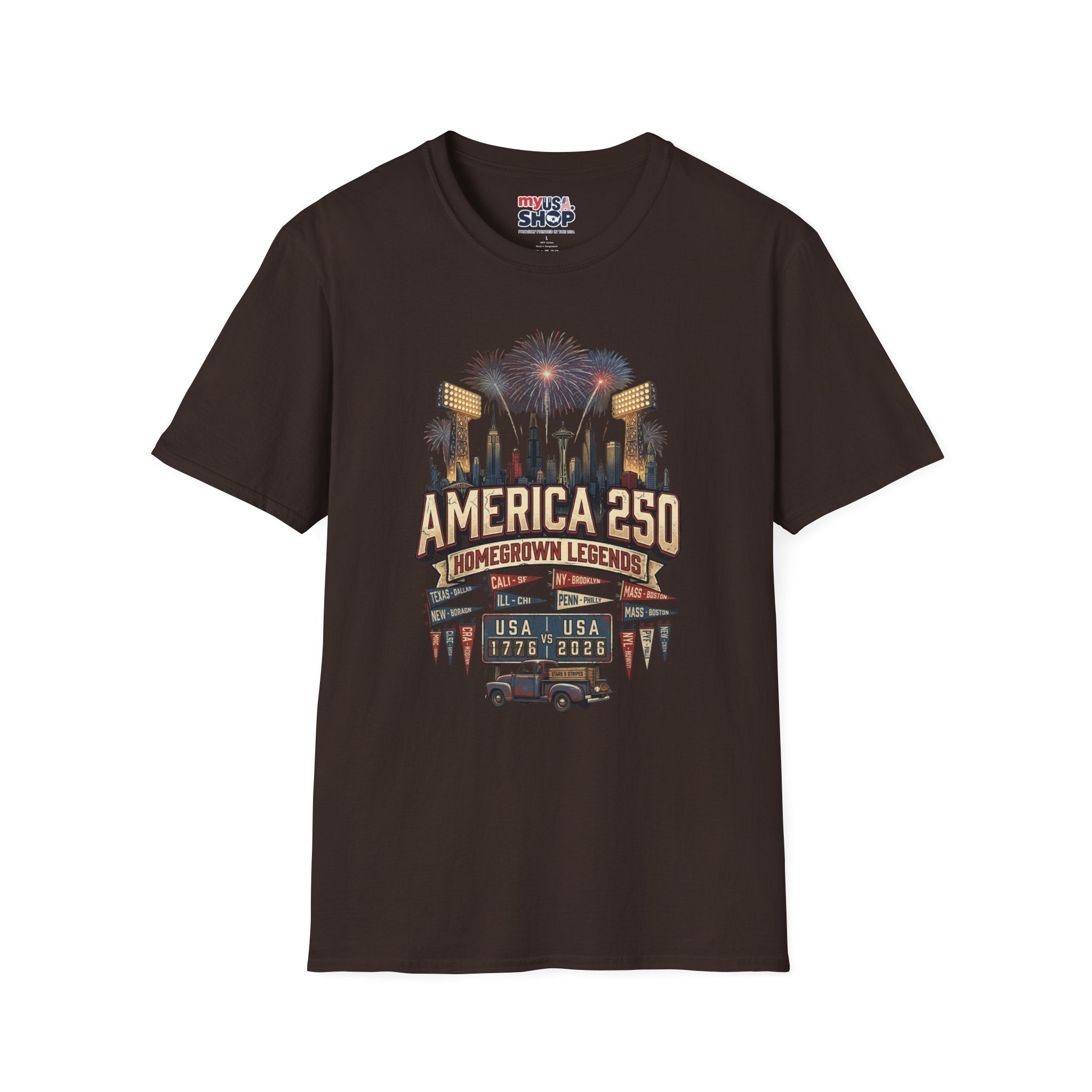 America 250 Celebration T‑Shirt — Hometown Legends Fireworks Skyline Pop Culture