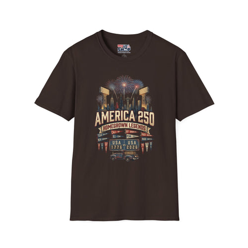 America 250 Celebration T‑Shirt — Hometown Legends Fireworks Skyline Pop Culture