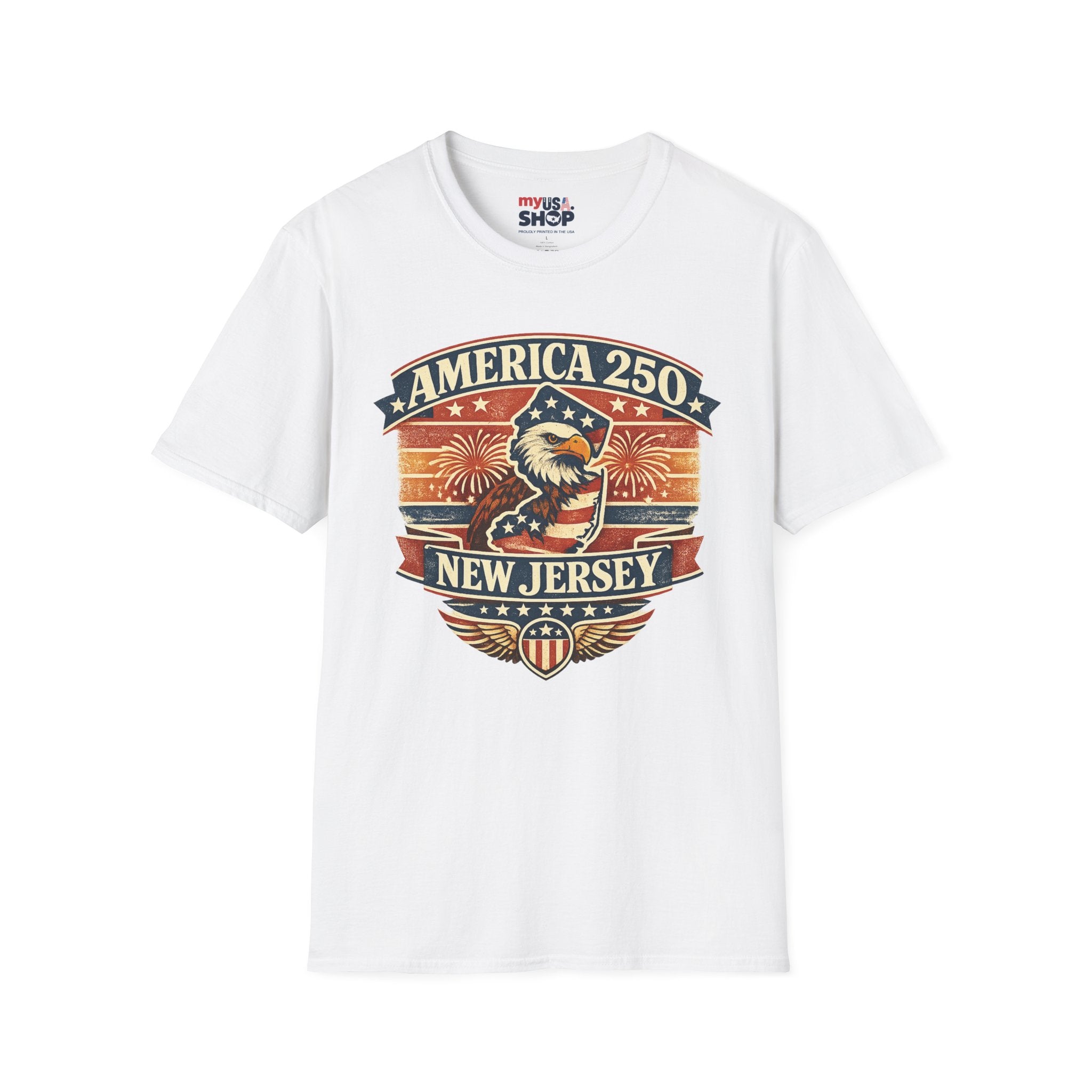 America 250 New Jersey T‑Shirt — Patriotic Bald Eagle & Fireworks Tee