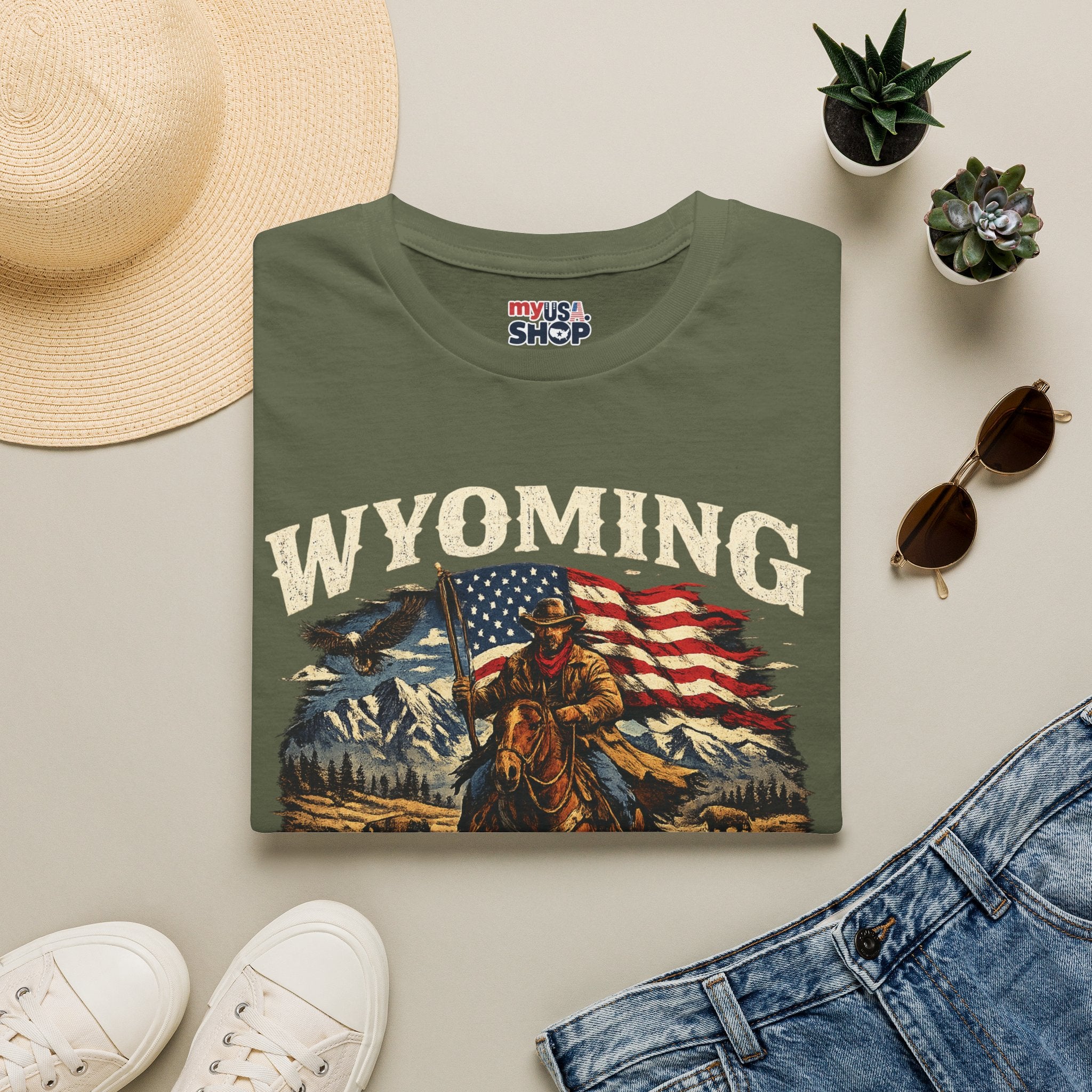 Wyoming Patriot Graphic T-Shirt — America 250 Flag & Cowboy Vintage Design