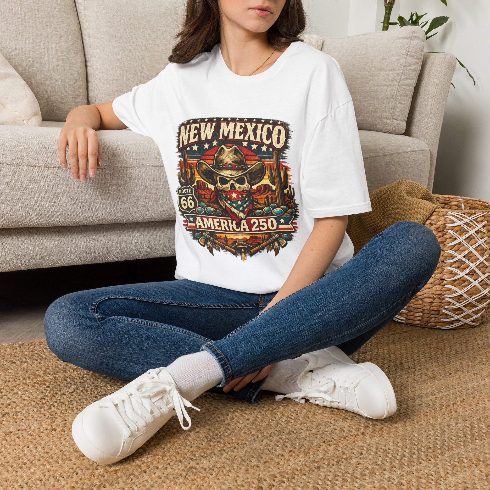 America 250 x New Mexico Skull Cowboy — Vintage Route 66 Desert