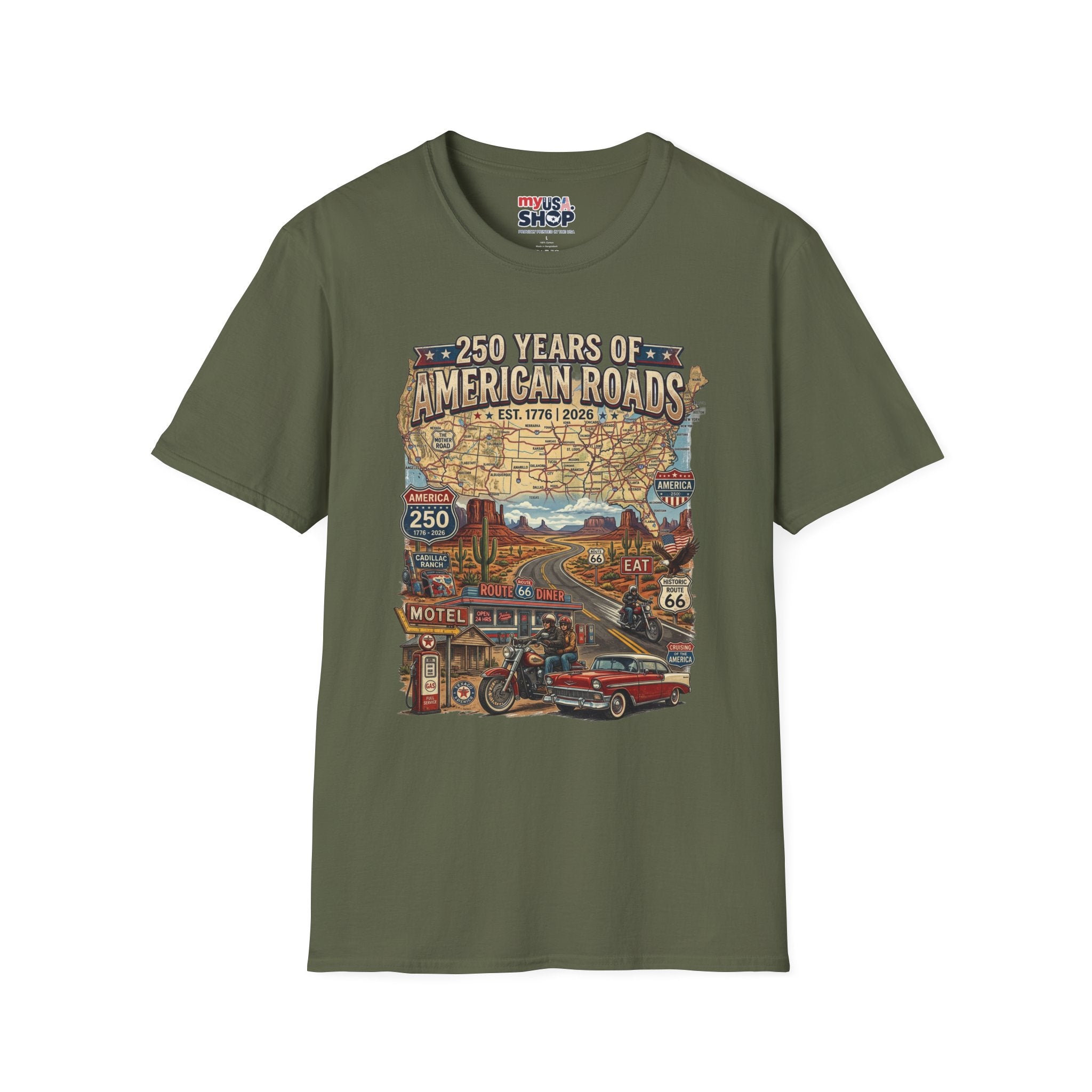 250 Years of American Roads T‑Shirt — Vintage USA Roadmap & Route 66 Travel Tee America 250 Pop Culture