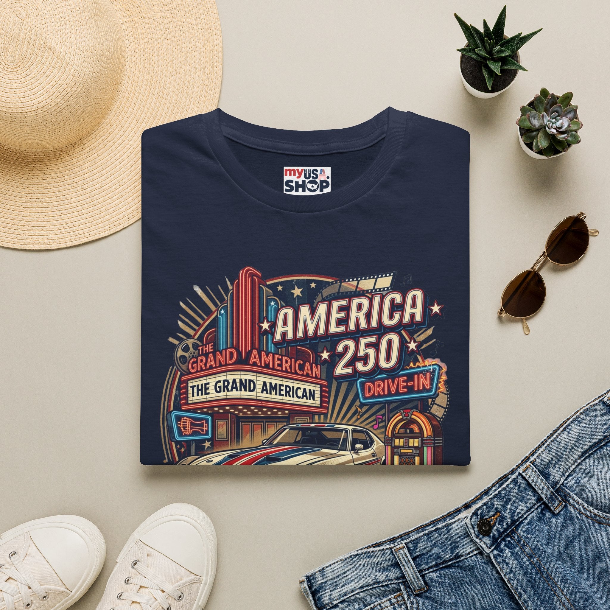 America 250 Vintage Drive-In Car T-Shirt — "Born to Entertain the World" Pop Culture