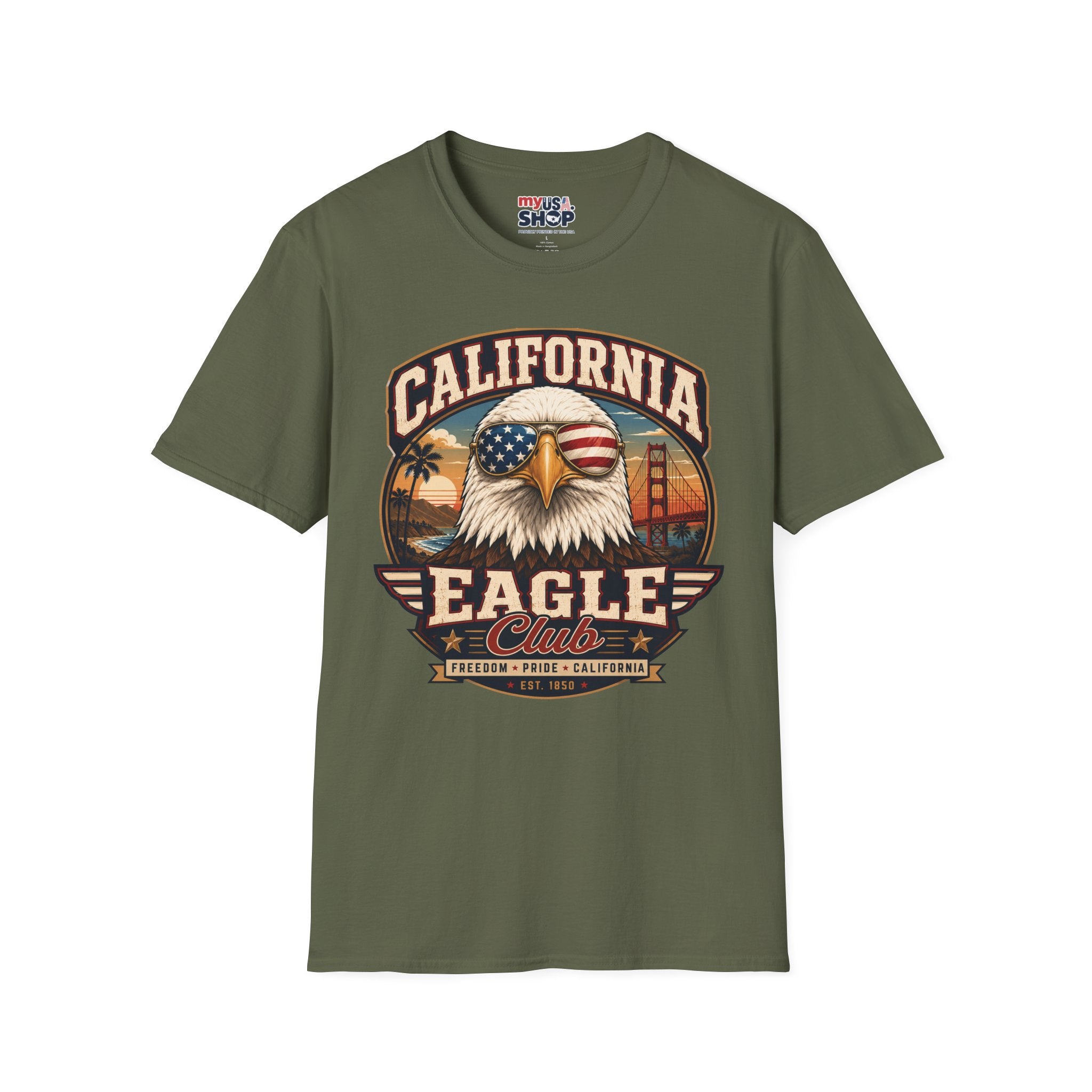 America 250 California Eagle Club T-Shirt — Patriotic Vintage Bald Eagle & Golden Gate Tee