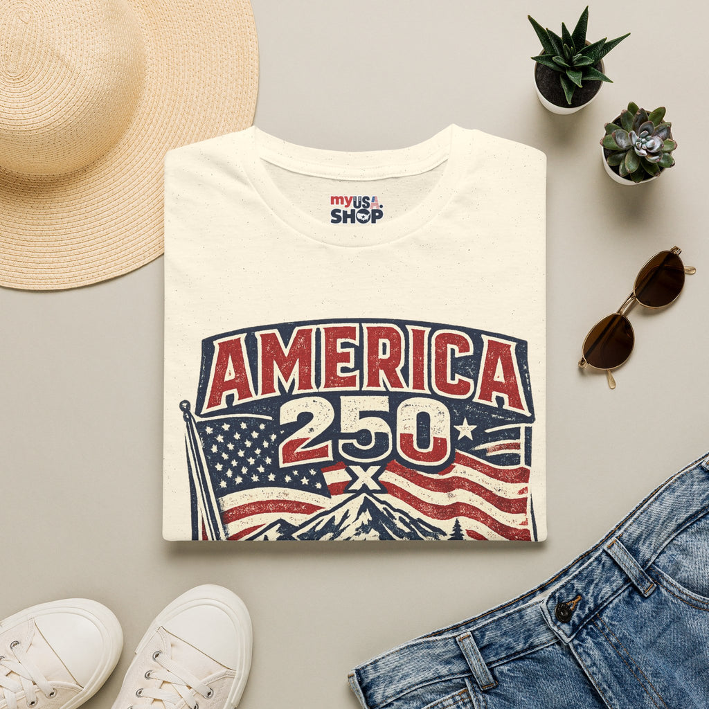 America 250 Oregon Shirt — Patriotic Mountain Flag Badge Tee