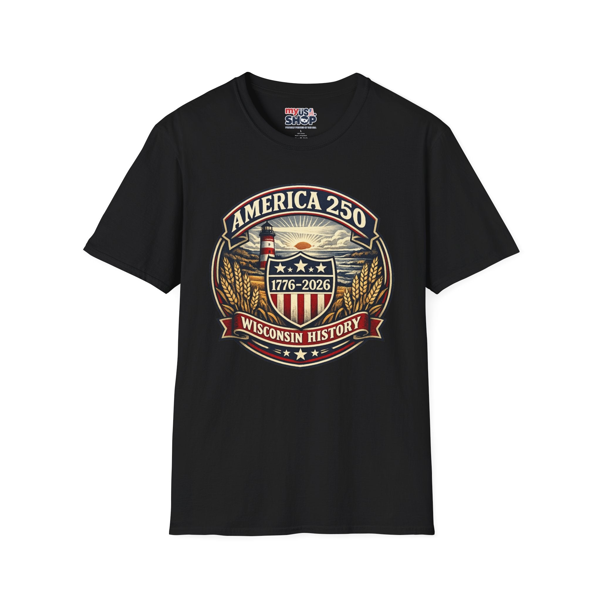 America 250 Commemorative T-Shirt – Wisconsin History Lighthouse Vintage Badge