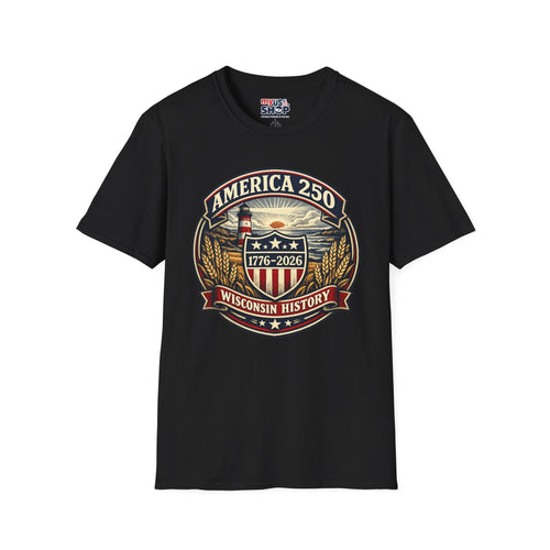 America 250 Commemorative T-Shirt – Wisconsin History Lighthouse Vintage Badge