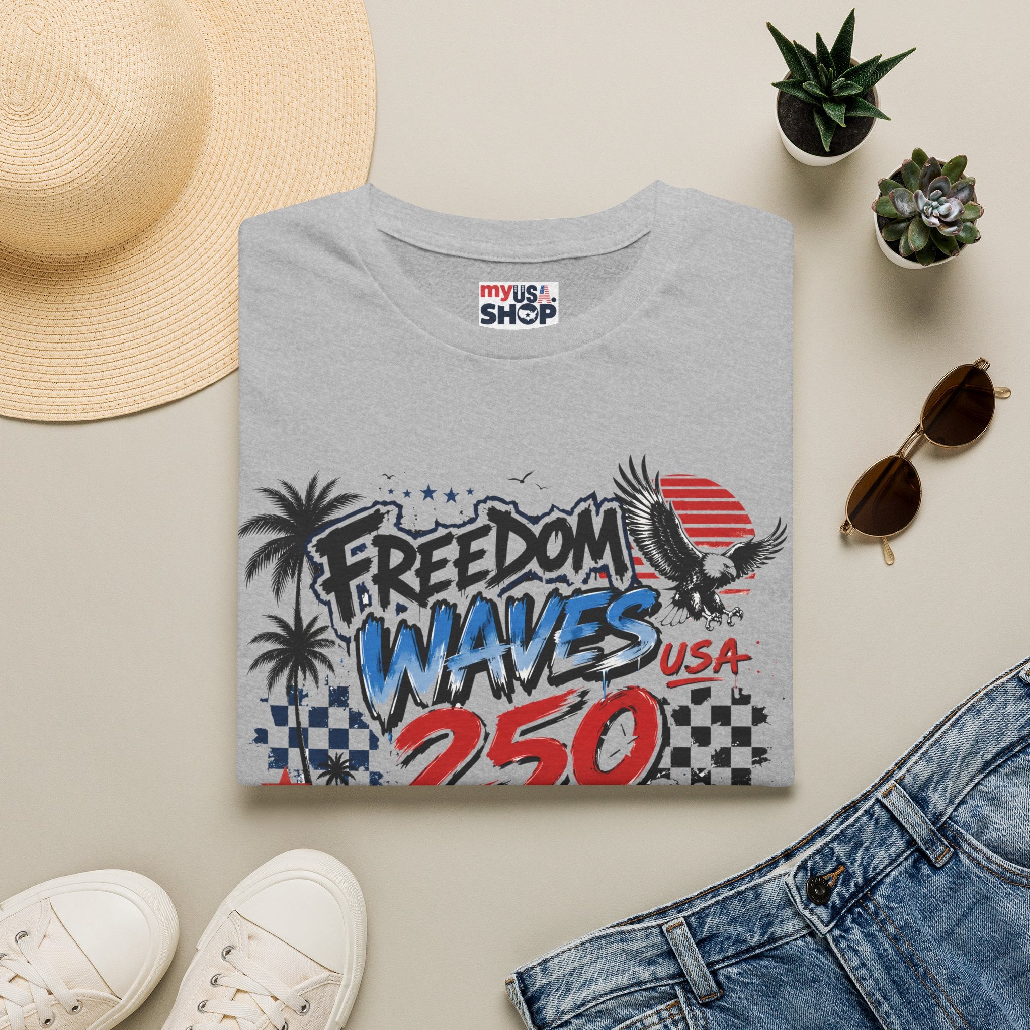Freedom Waves America 250 USA T-Shirt — Patriotic Surf Graphic Tee