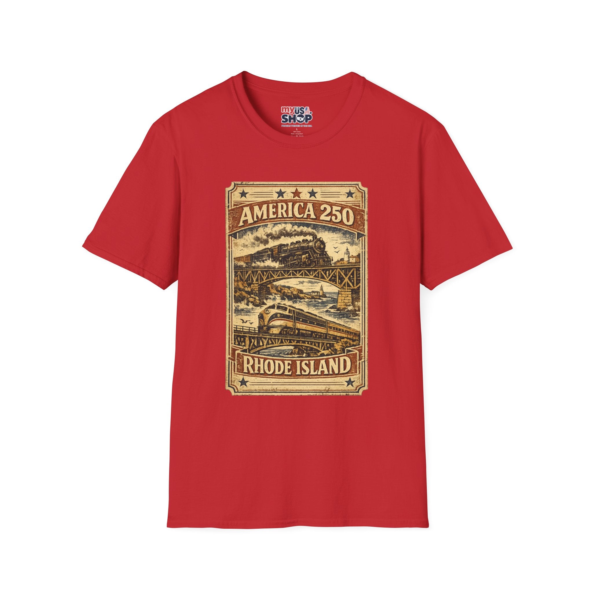 America 250 Rhode Island Train Heritage T-Shirt — Vintage Railroad Graphic Tee