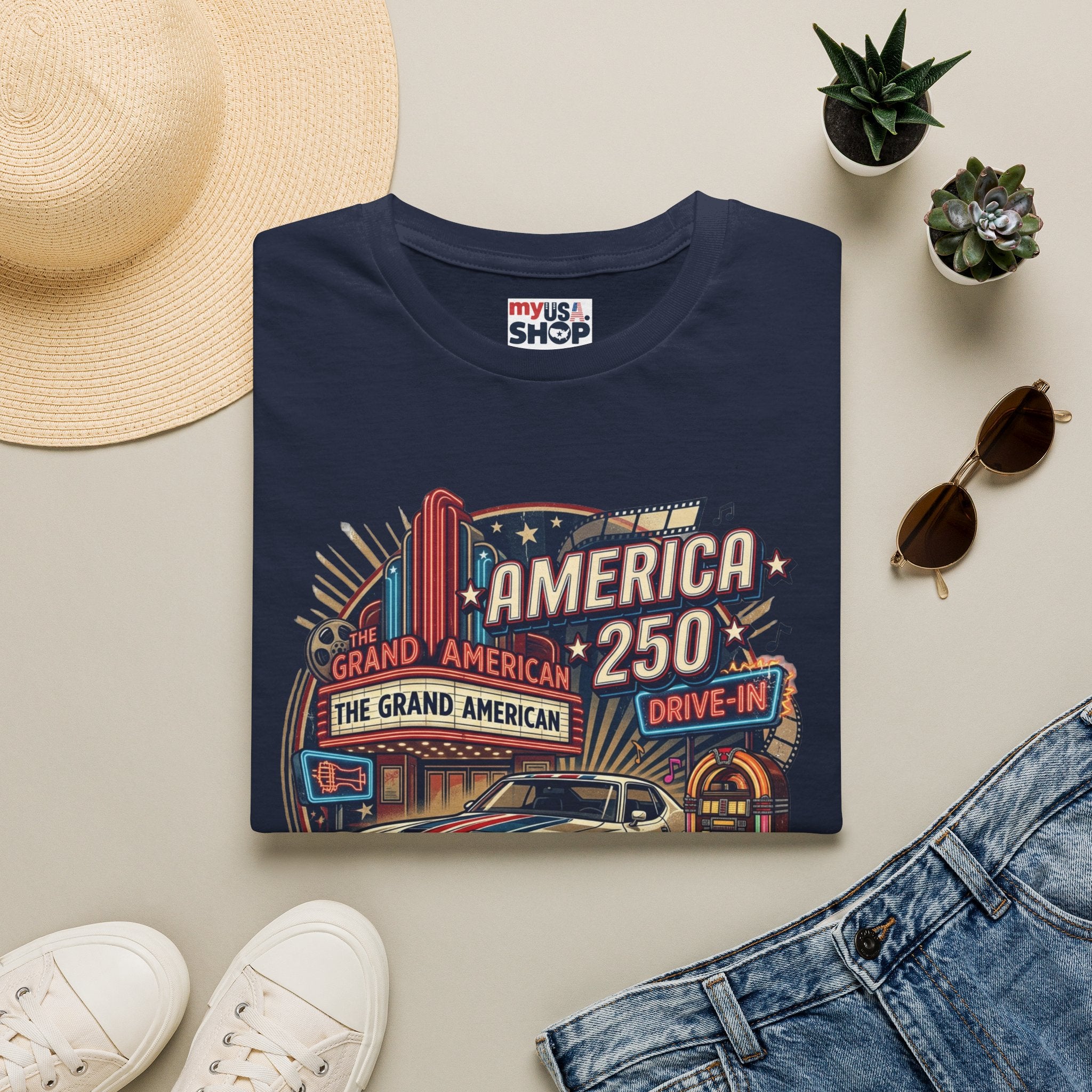 America 250 Vintage Drive-In Car T-Shirt — "Born to Entertain the World" Pop Culture