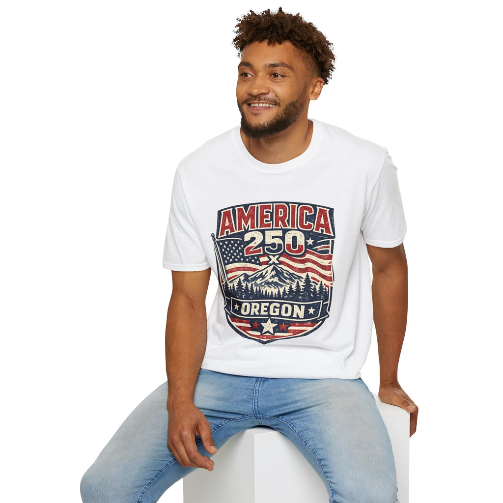 America 250 Oregon Shirt — Patriotic Mountain Flag Badge Tee