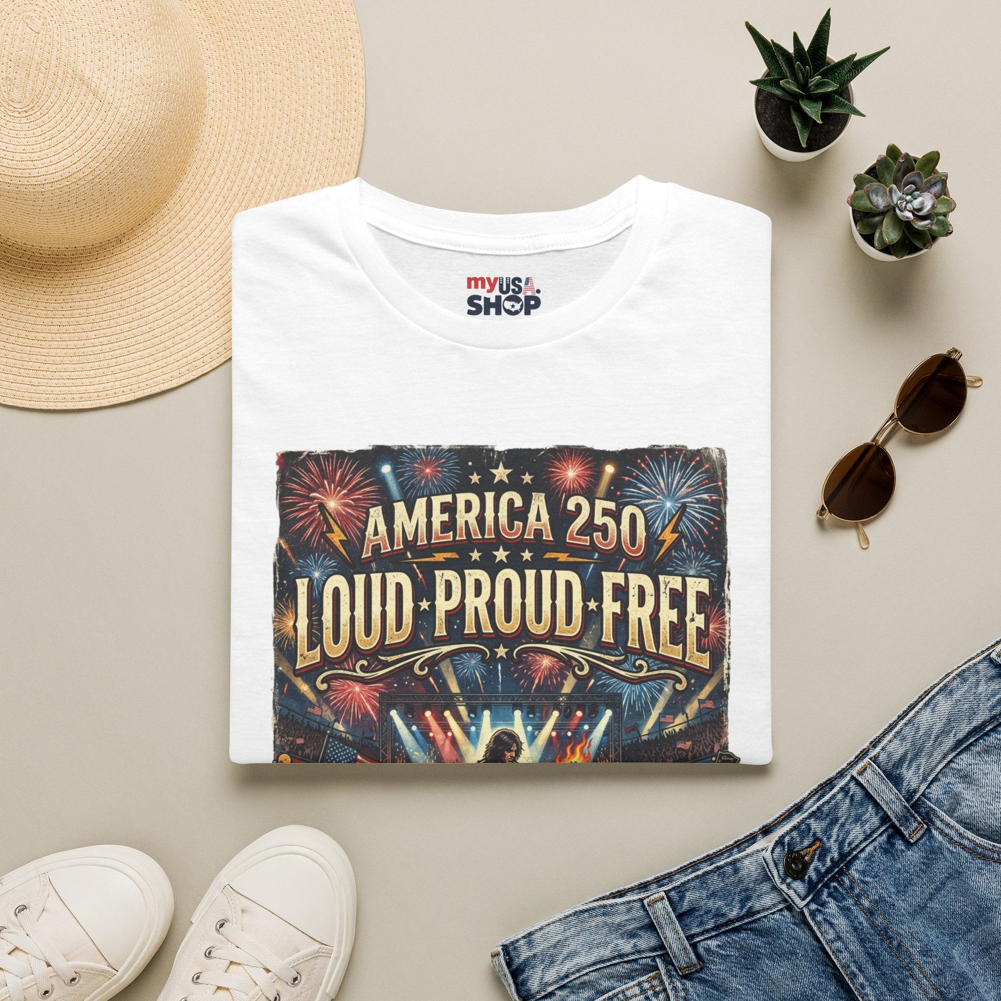 America 250 "Loud Proud Free" T-Shirt — Patriotic Fireworks Concert Tee Pop Culture