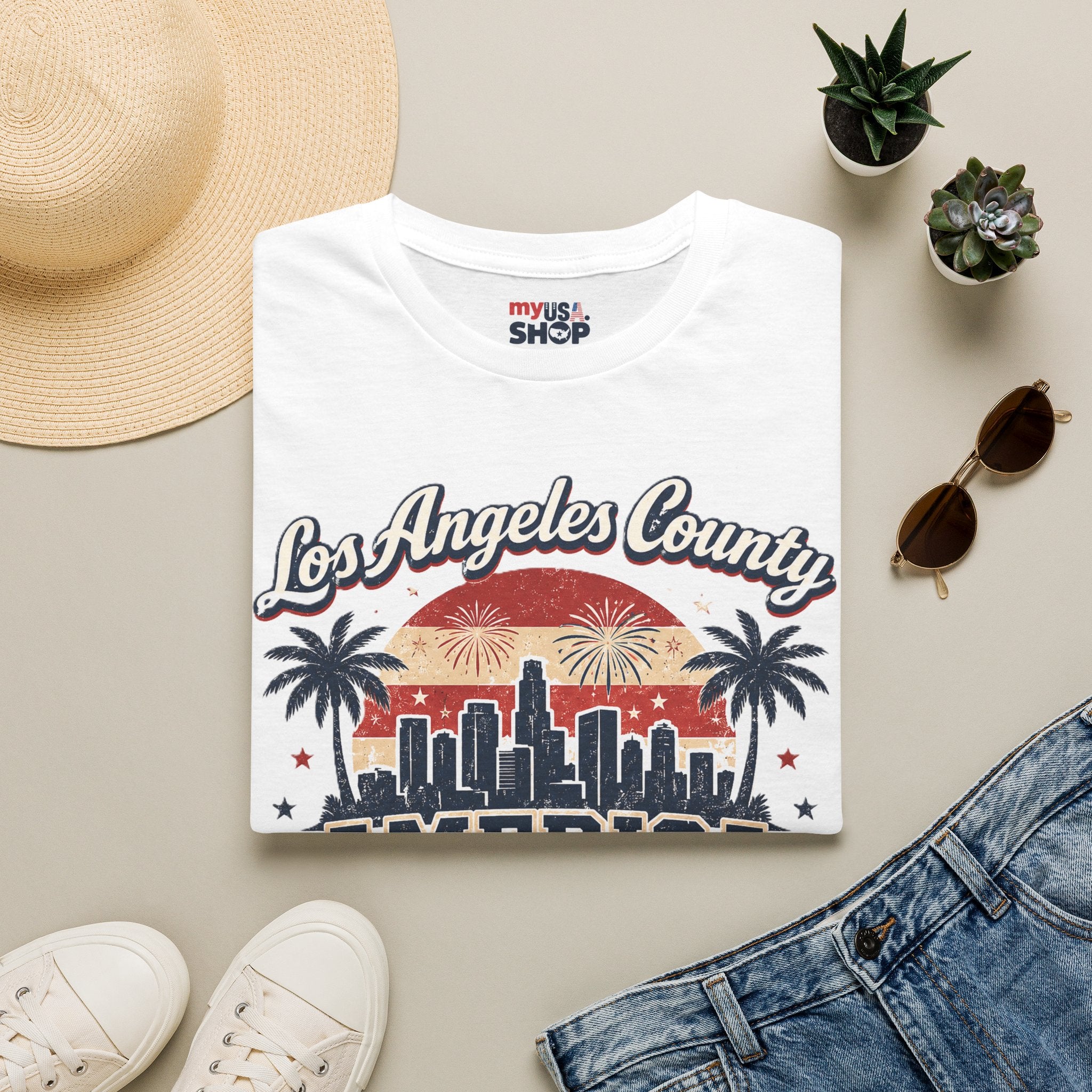 Los Angeles County Skyline T-Shirt — Vintage American 250 Fireworks Design