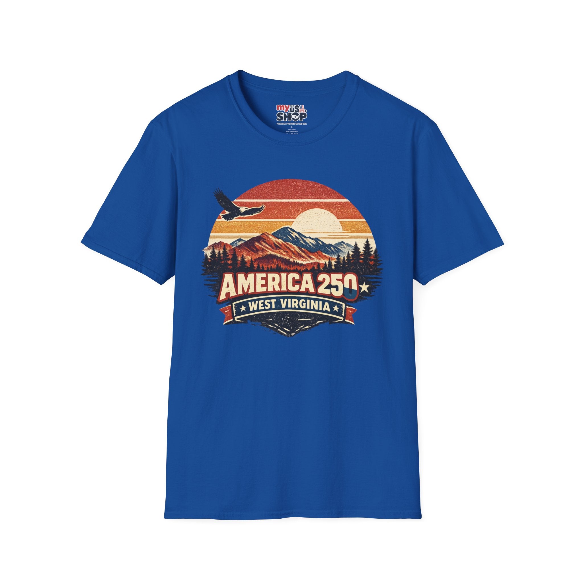 America 250 Retro Sunrise T-Shirt — West Virginia Scenic Eagle Design