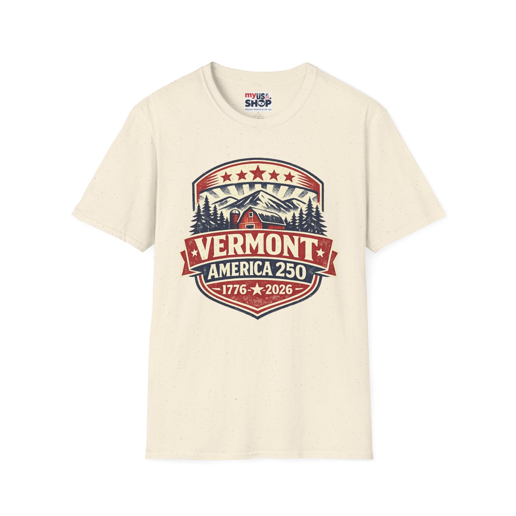 Vermont America 250 T-Shirt — Retro Mountain Cabin Design