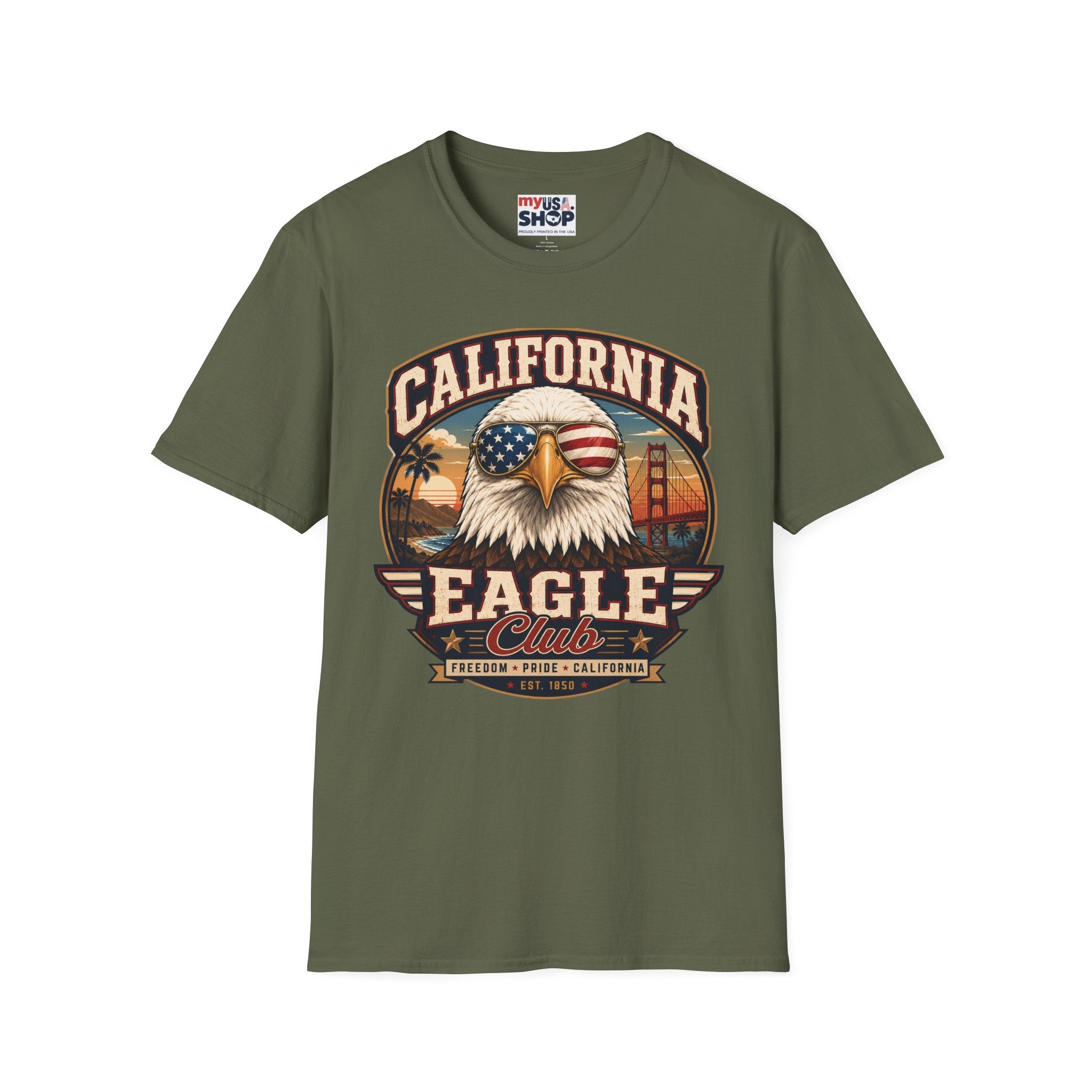 America 250 California Eagle Club T-Shirt — Patriotic Vintage Bald Eagle & Golden Gate Tee