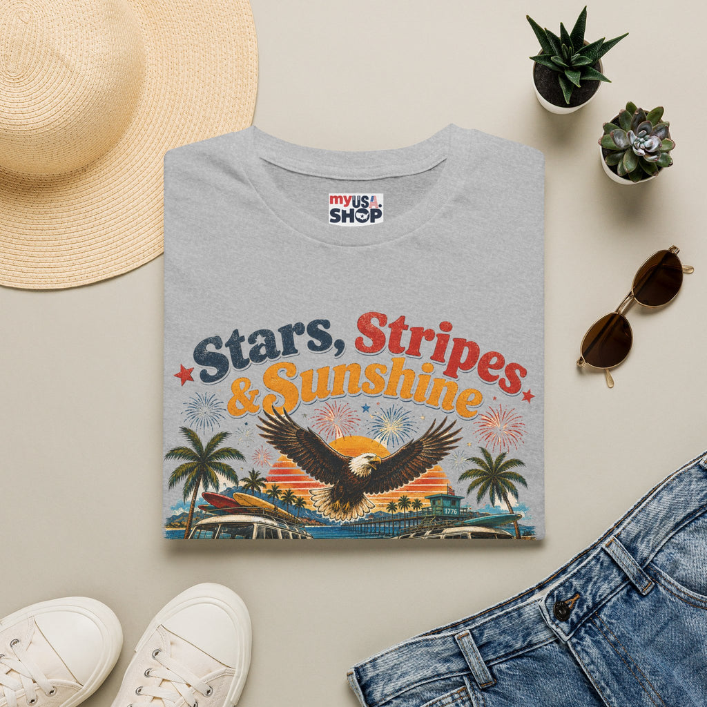 America 250 Stars, Stripes & Sunshine T-Shirt — Vintage Eagle Beach Americana Tee