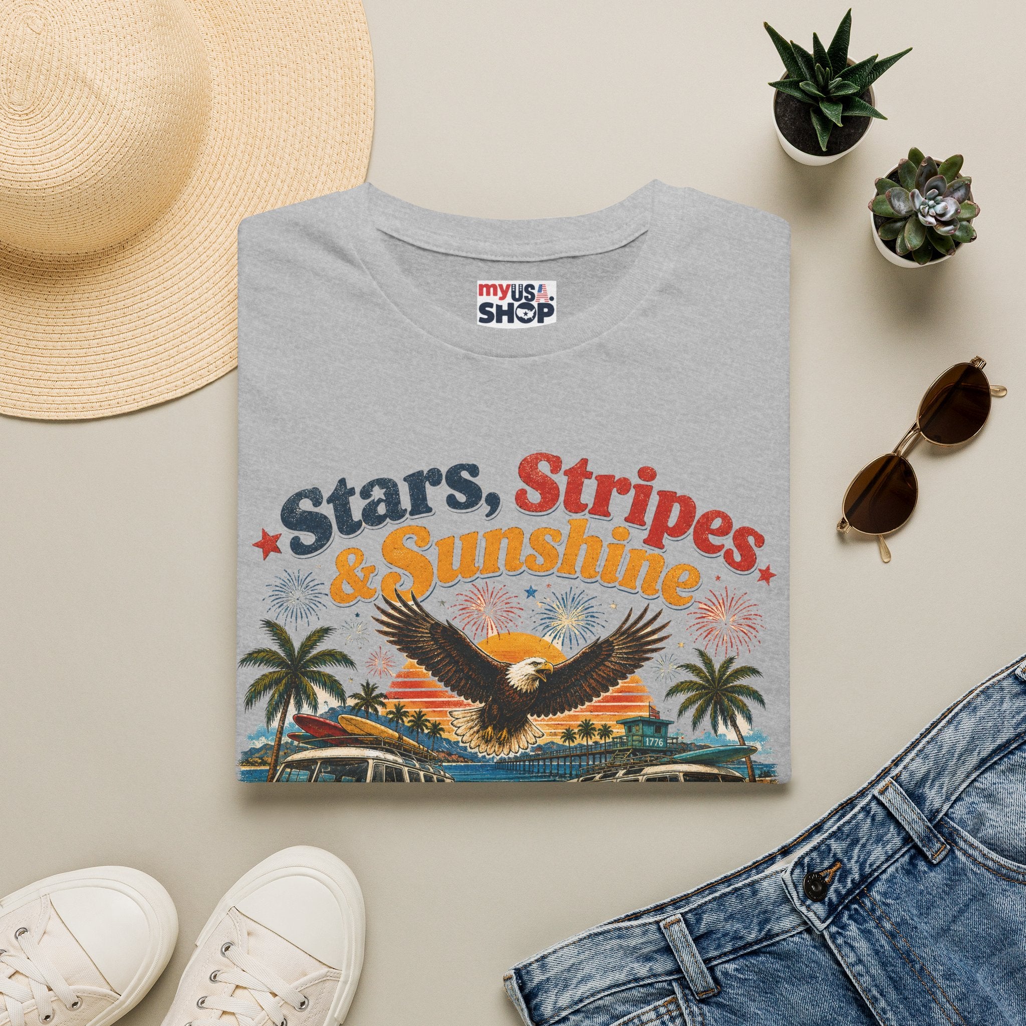 America 250 Stars, Stripes & Sunshine T-Shirt — Vintage Eagle Beach Americana Tee