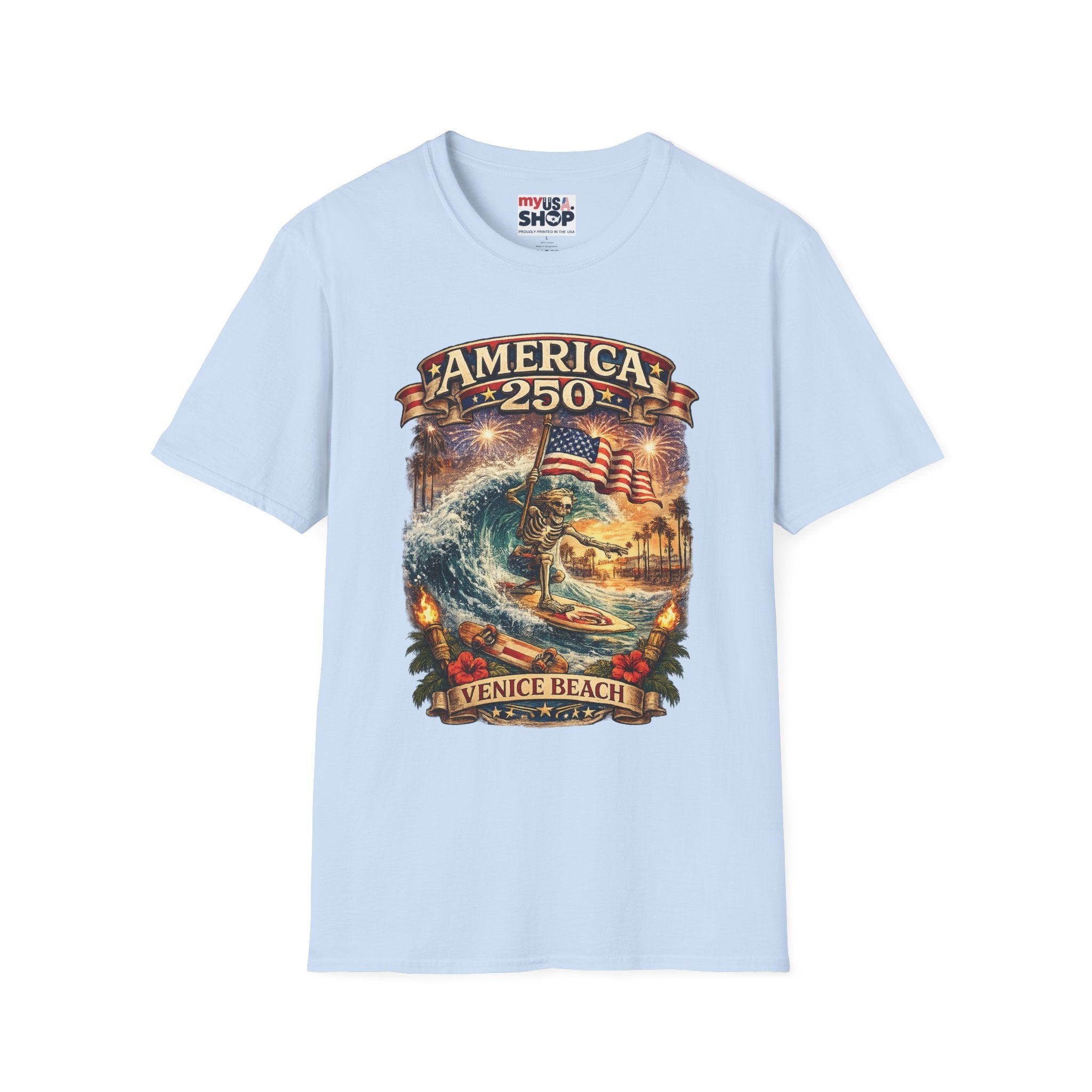 America 250 Venice Beach T-Shirt — Patriotic Vintage Surf & Fireworks Tee