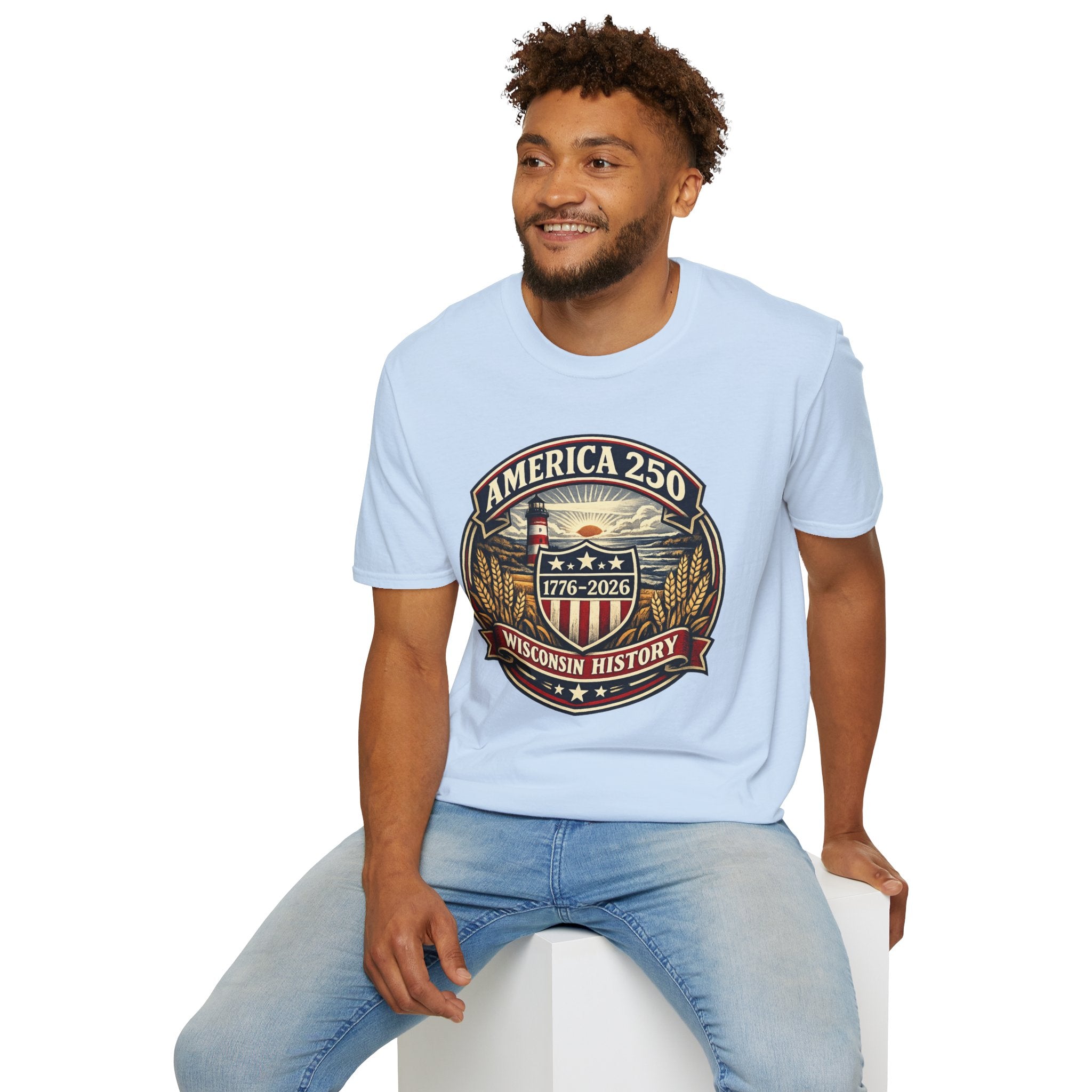 America 250 Commemorative T-Shirt – Wisconsin History Lighthouse Vintage Badge