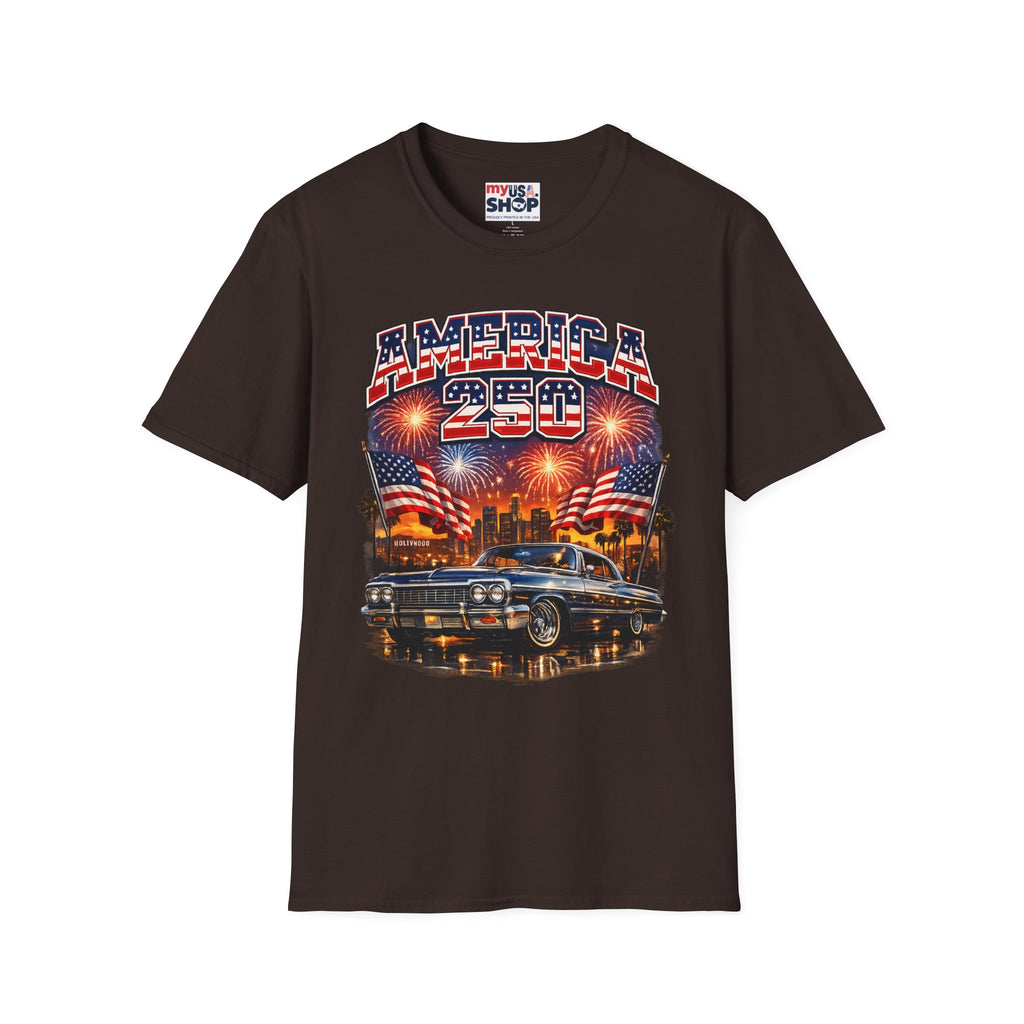 America 250 T-Shirt — Patriotic Fireworks Classic Car Tee for Independence Day