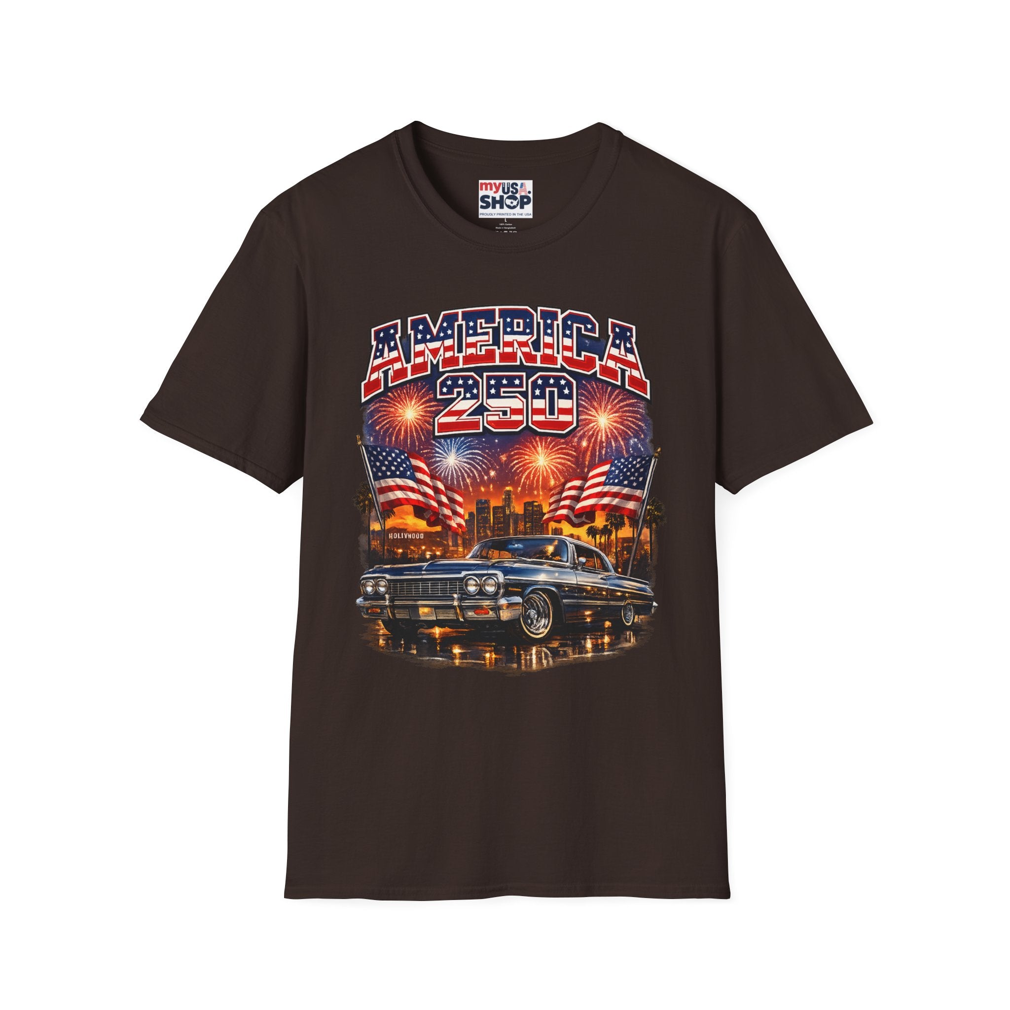 America 250 T-Shirt — Patriotic Fireworks Classic Car Tee for Independence Day