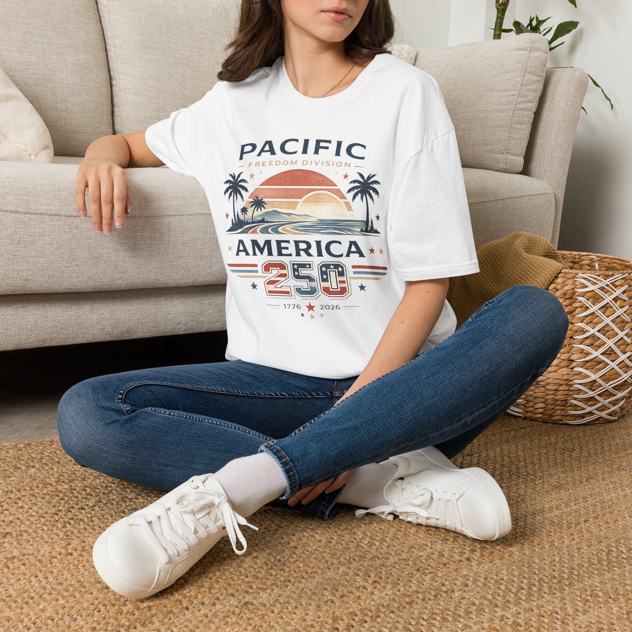 America 250 Pacific Sunset T-Shirt — Vintage Coastal Palm Beach Graphic
