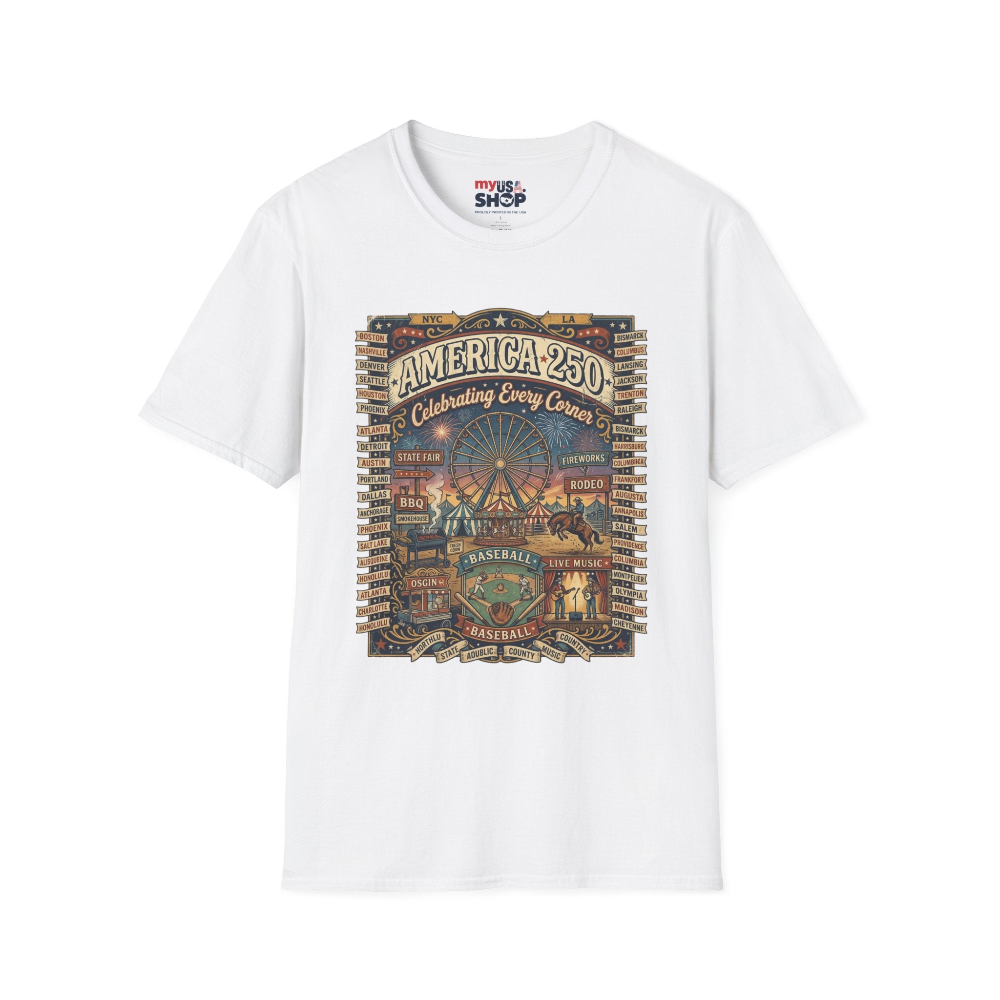 America 250 Celebration T-Shirt — Vintage Fair Ferris Wheel Patriotic Tee Pop Culture
