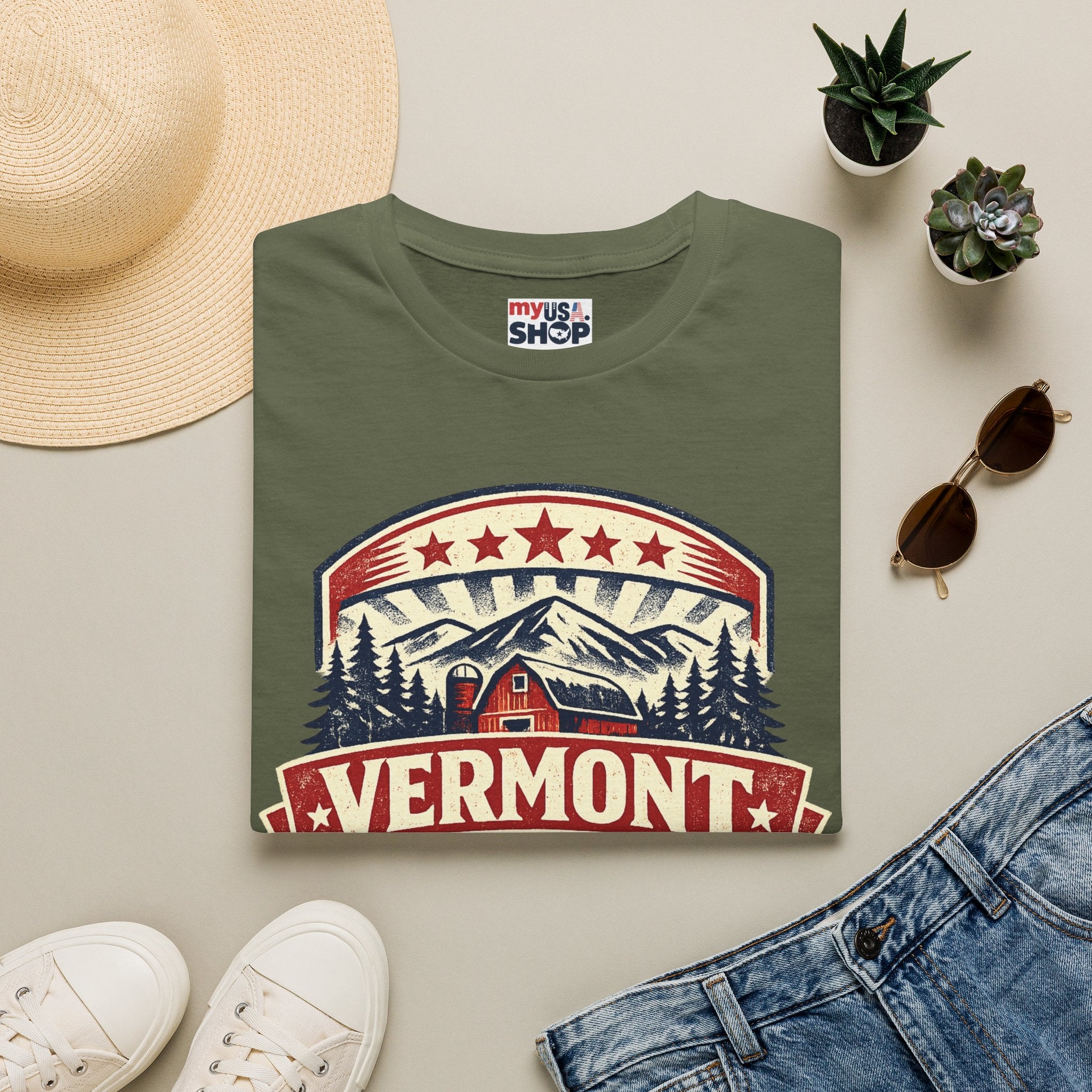 Vermont America 250 T-Shirt — Retro Mountain Cabin Design