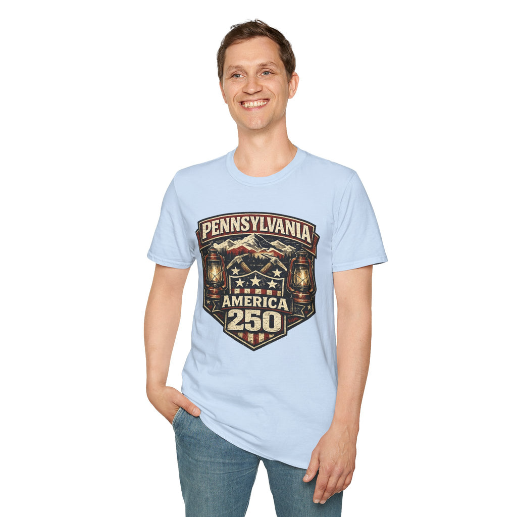 Pennsylvania America 250 Shirt — Rustic Mountain Miner Badge Graphic Tee