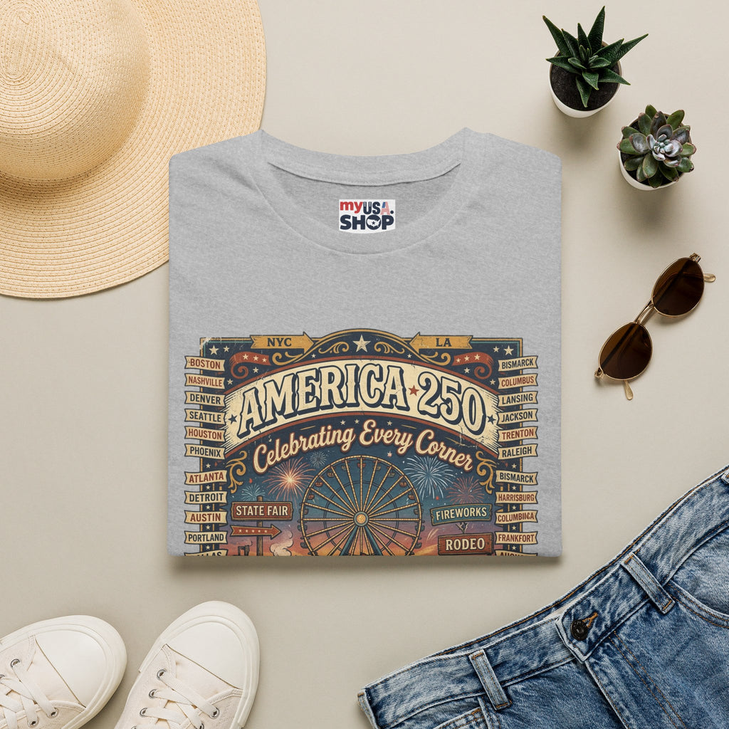 America 250 Celebration T-Shirt — Vintage Fair Ferris Wheel Patriotic Tee Pop Culture