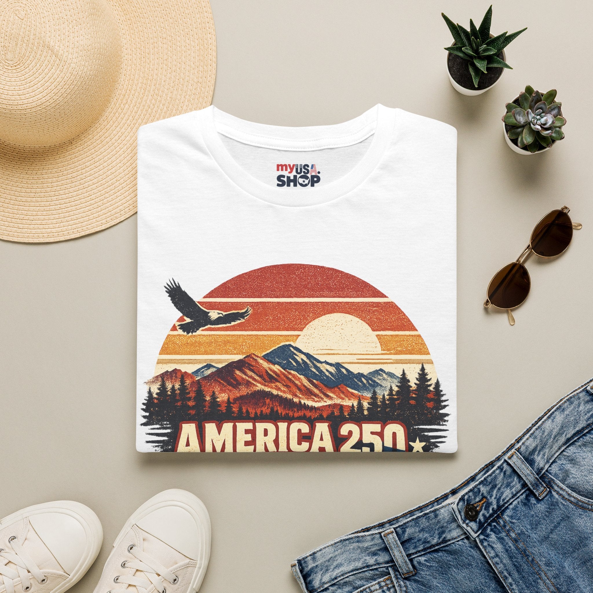 America 250 Retro Sunrise T-Shirt — West Virginia Scenic Eagle Design