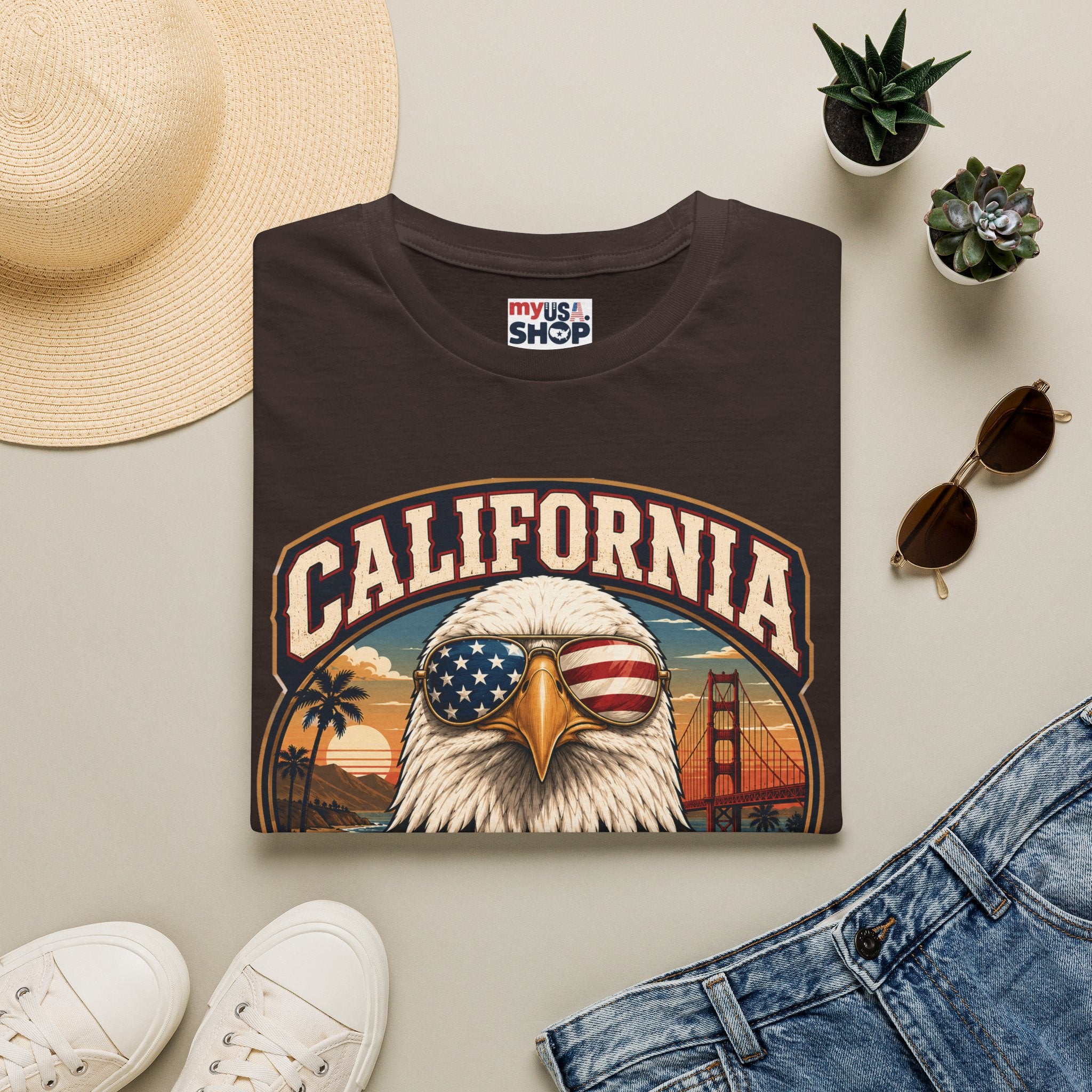 America 250 California Eagle Club T-Shirt — Patriotic Vintage Bald Eagle & Golden Gate Tee