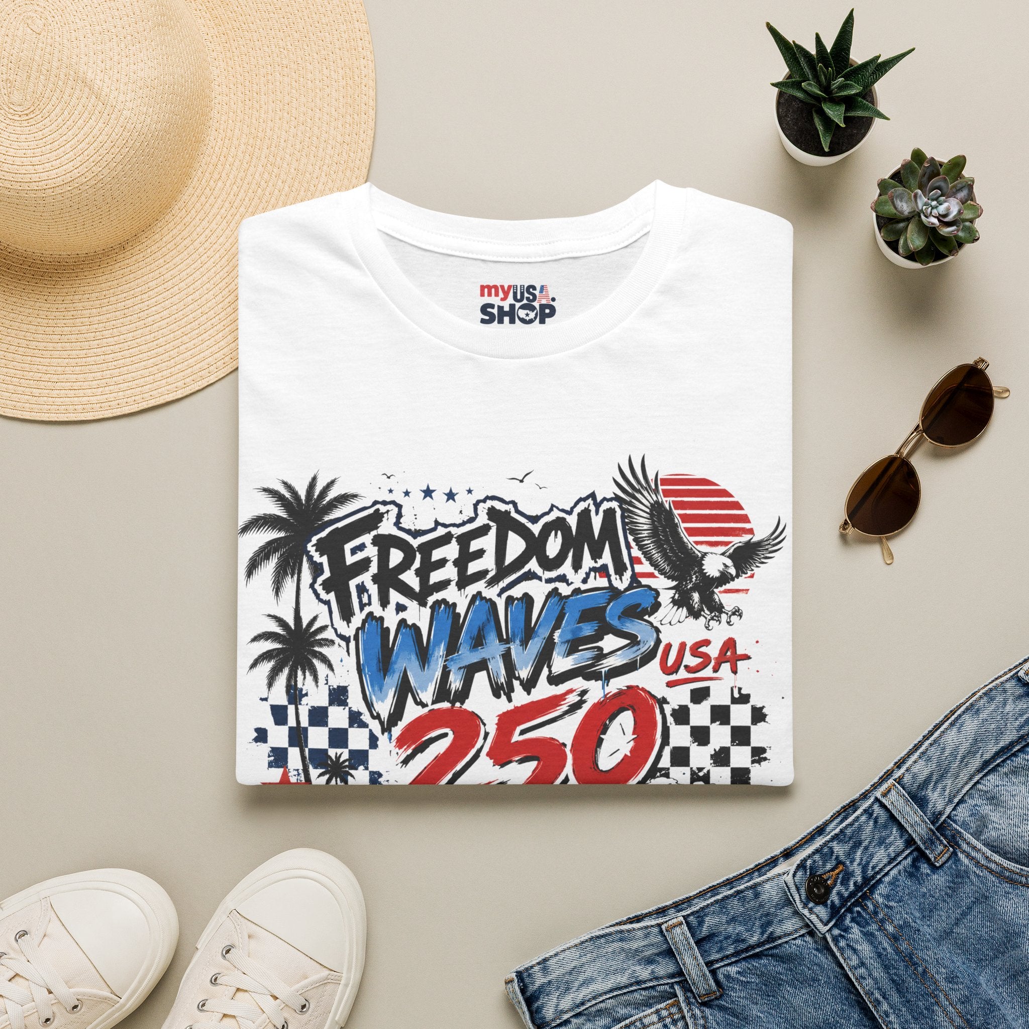 Freedom Waves America 250 USA T-Shirt — Patriotic Surf Graphic Tee
