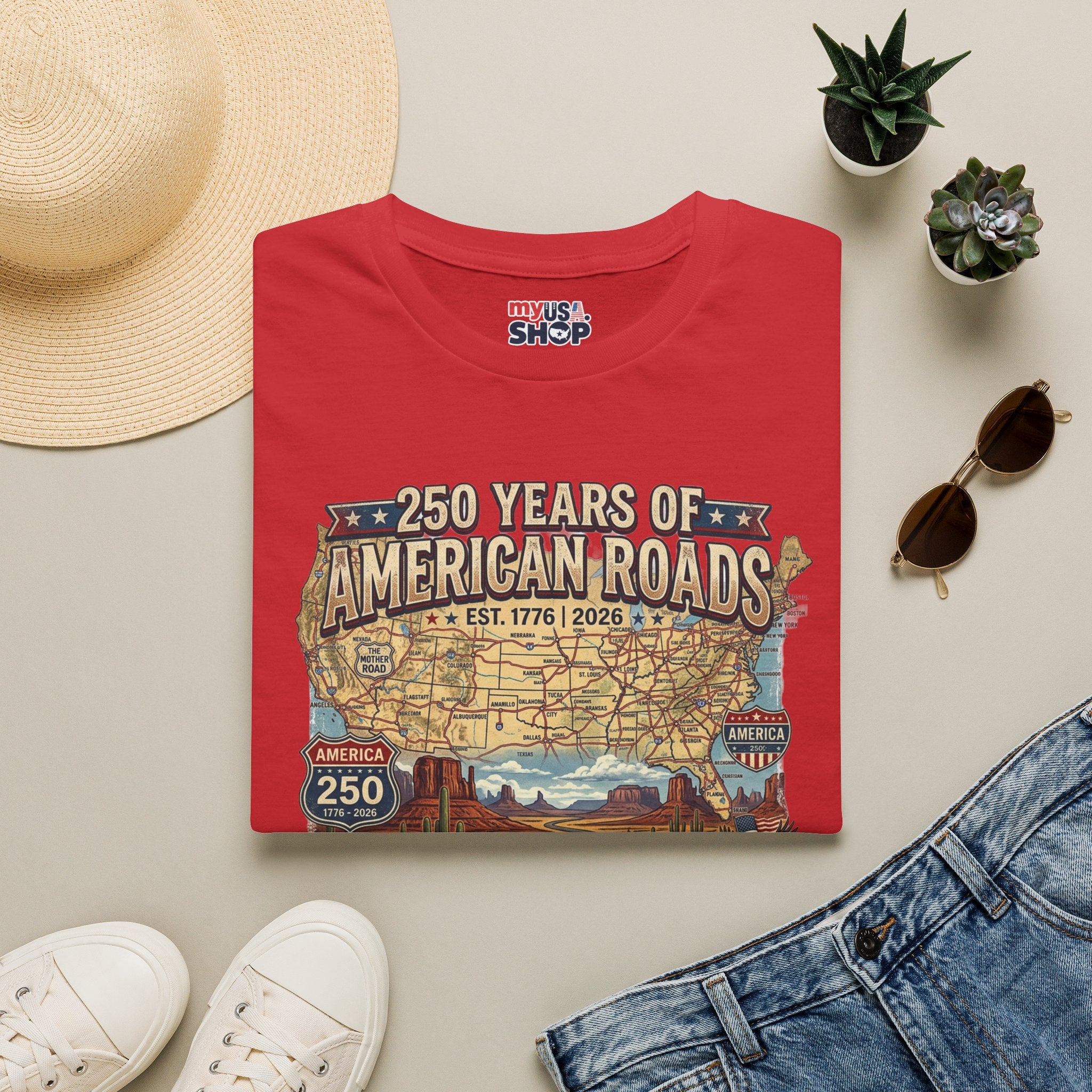 250 Years of American Roads T‑Shirt — Vintage USA Roadmap & Route 66 Travel Tee America 250 Pop Culture