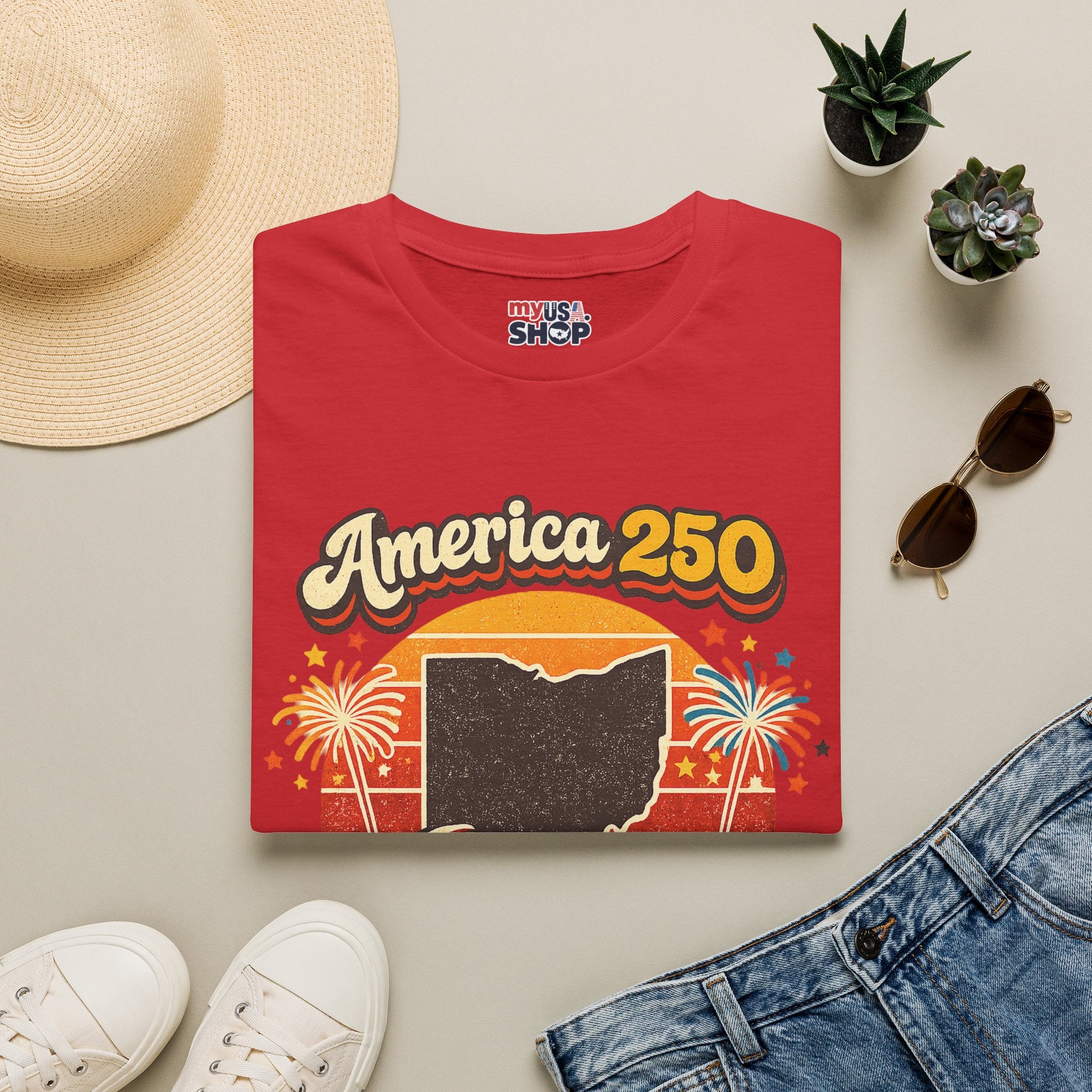 America 250 Ohio T‑Shirt — Retro Fireworks Bicentennial Celebration Tee