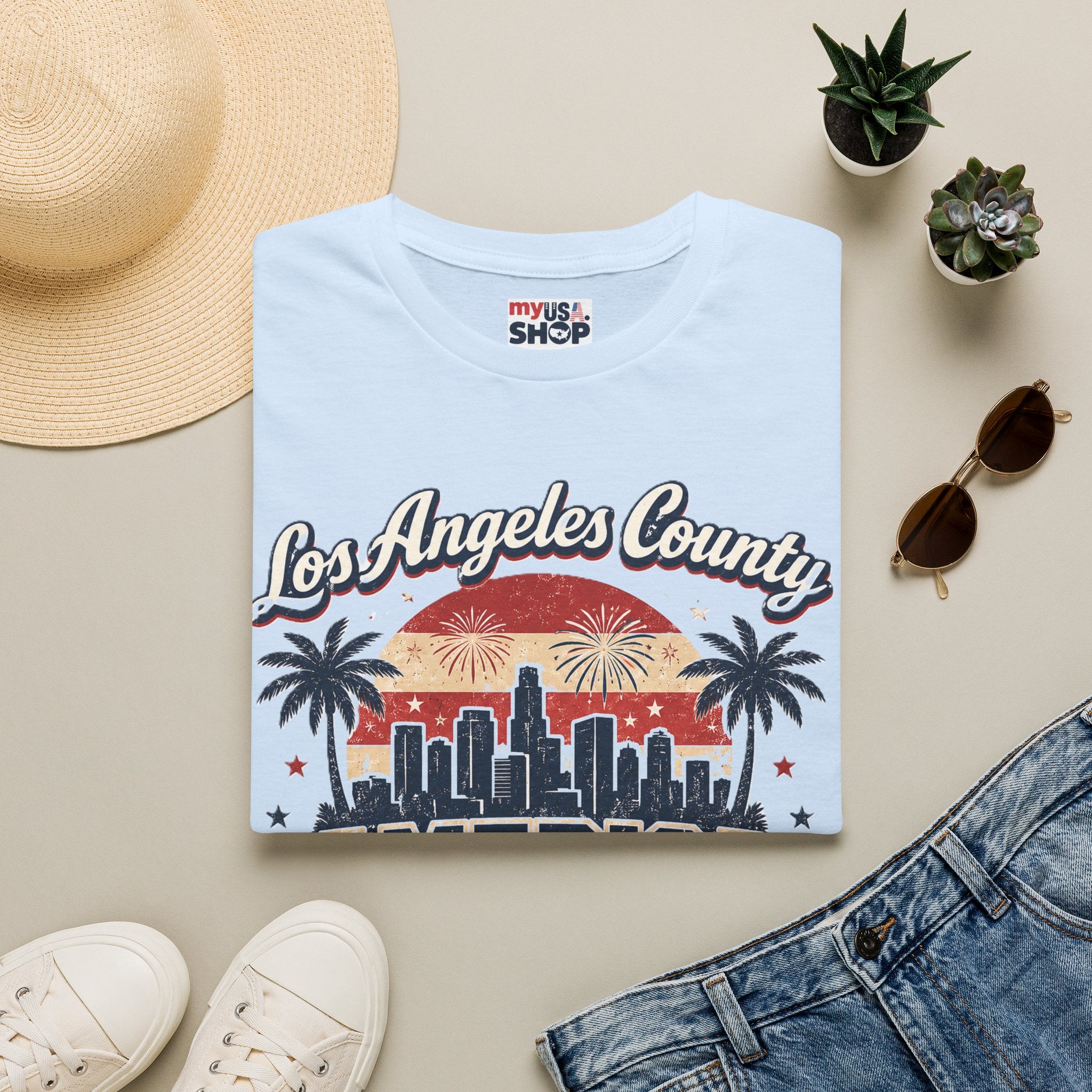 Los Angeles County Skyline T-Shirt — Vintage American 250 Fireworks Design
