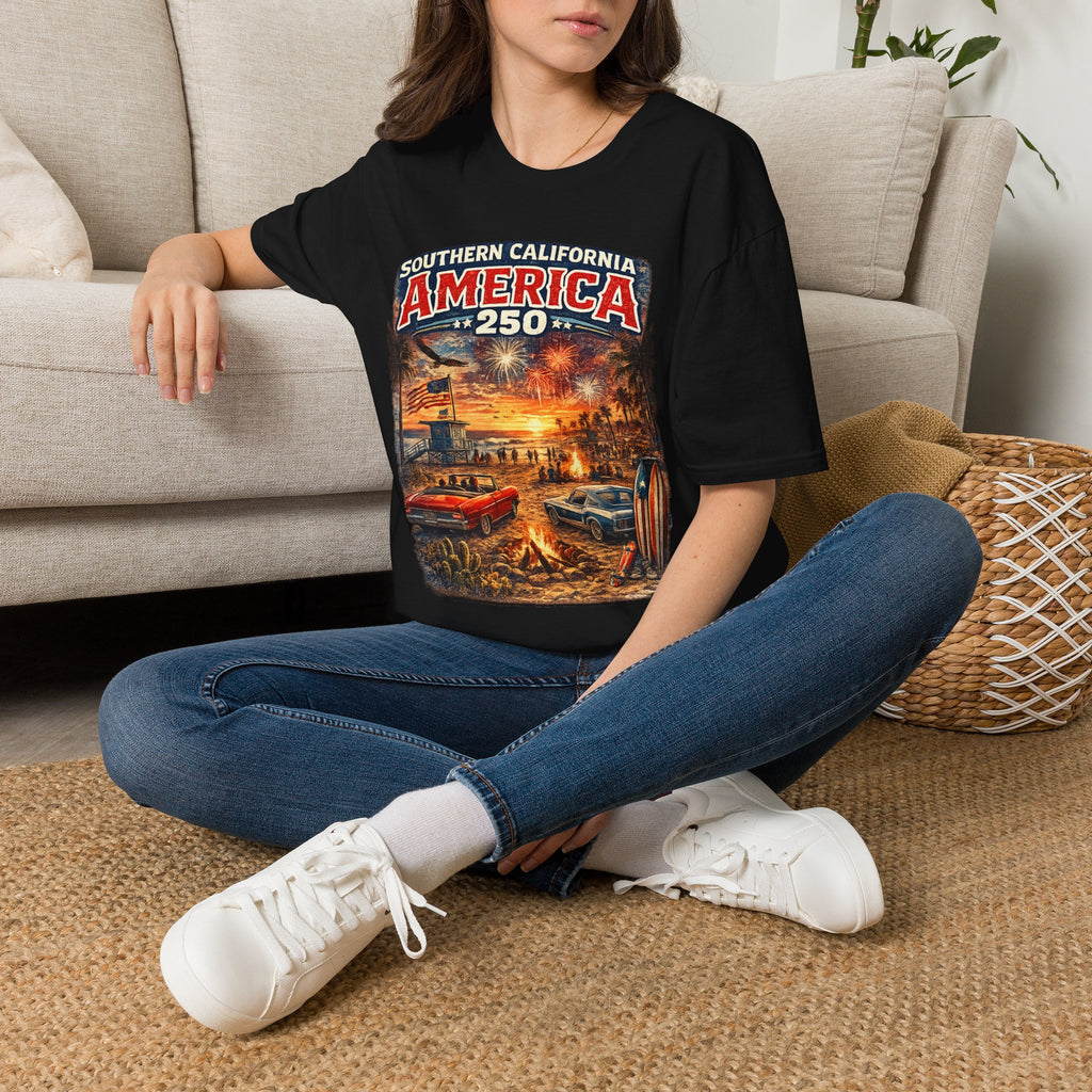 America 250 Southern California Sunset T-Shirt — Patriotic 4th of July Beach Vintage Tee