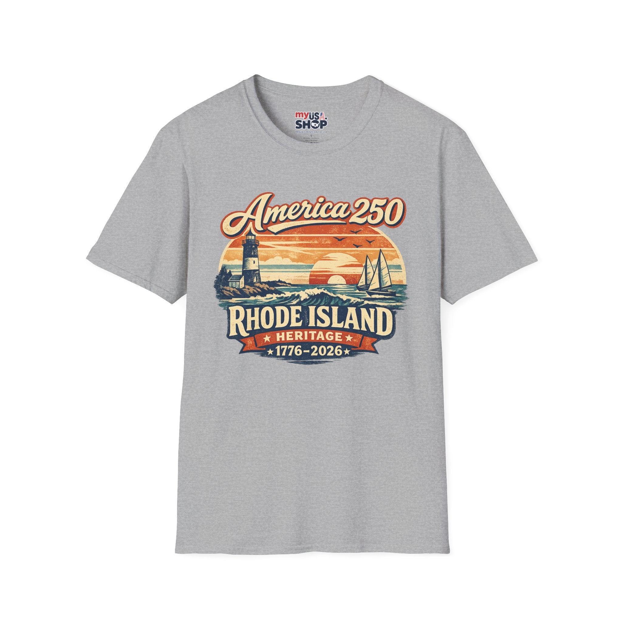 America 250 Rhode Island Heritage Shirt — Coastal Lighthouse Sunset Tee