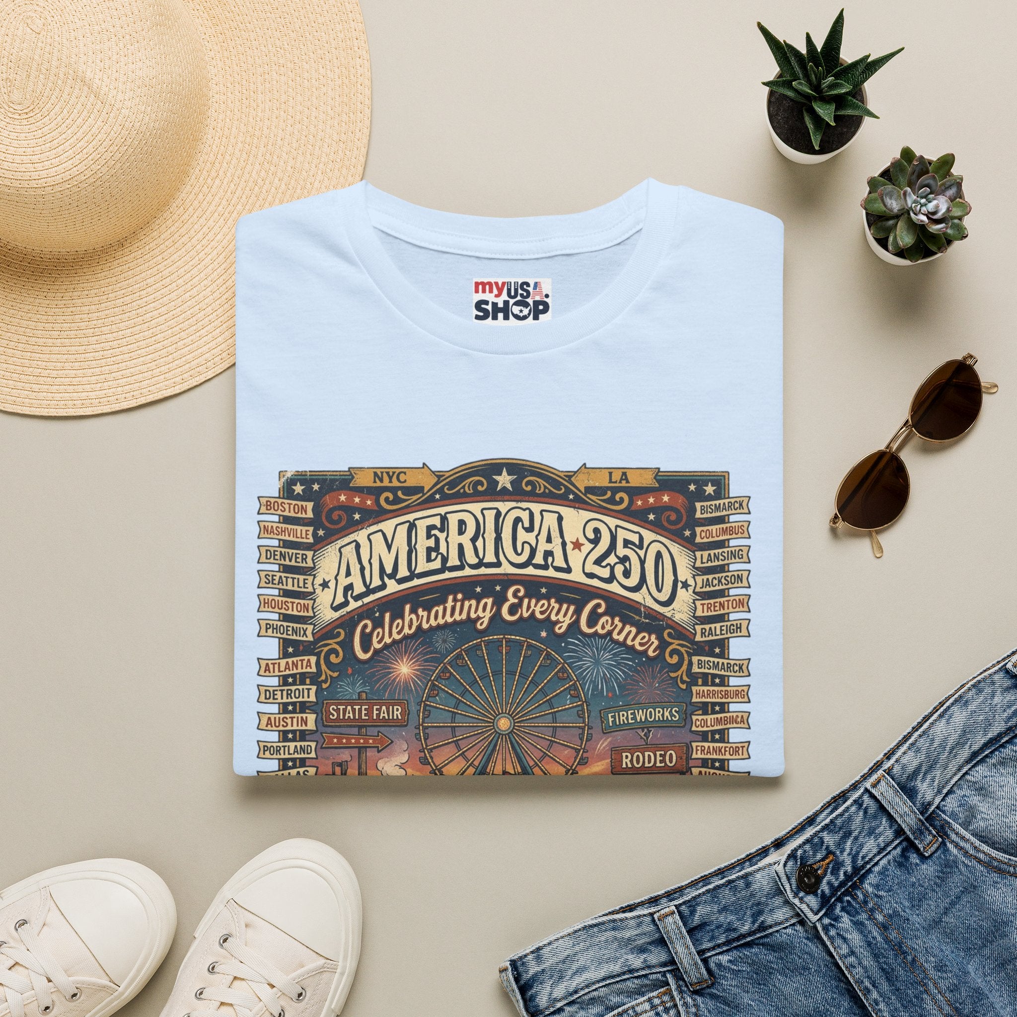 America 250 Celebration T-Shirt — Vintage Fair Ferris Wheel Patriotic Tee Pop Culture