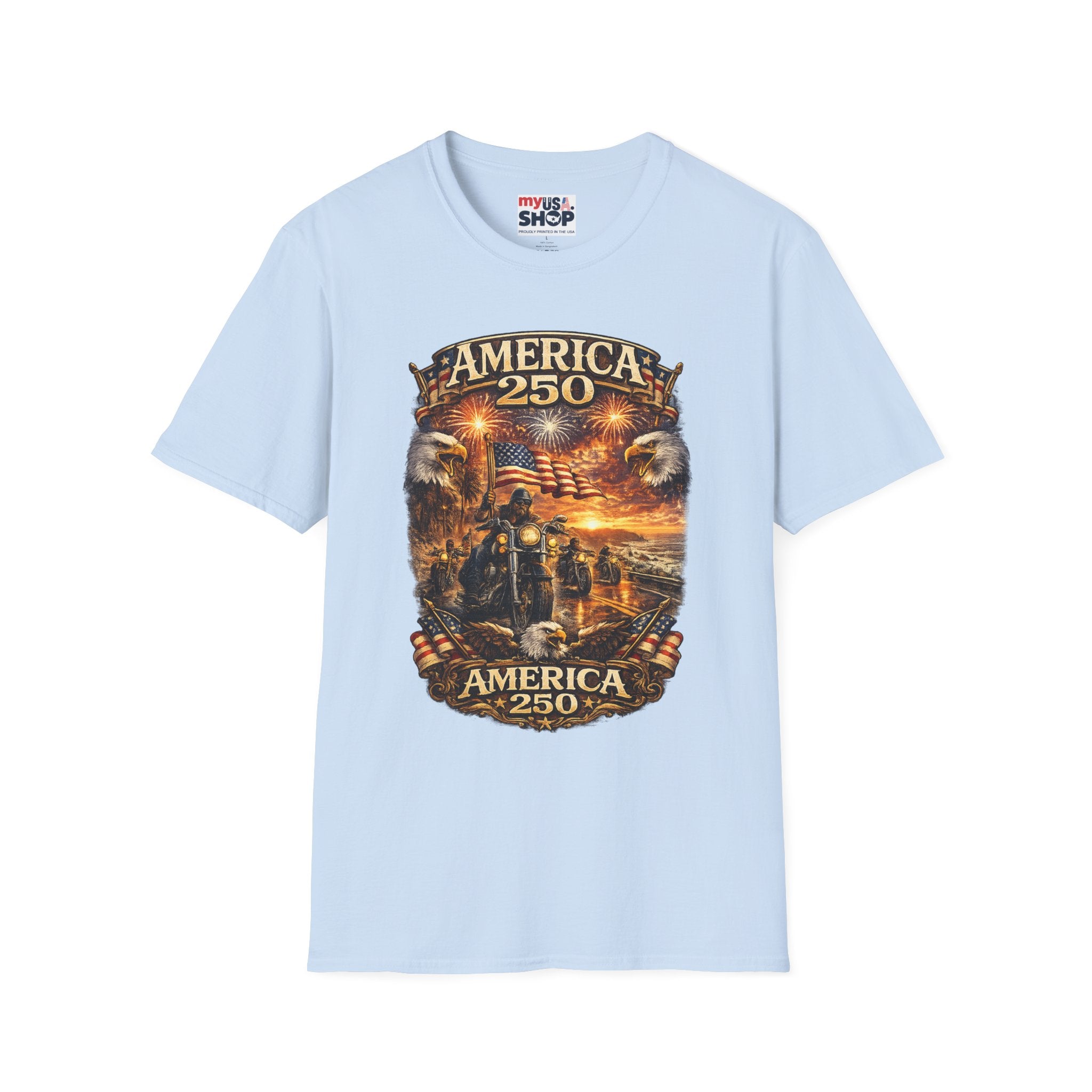 America 250 Celebration T-Shirt — Patriotic Fireworks & Bald Eagle Tee