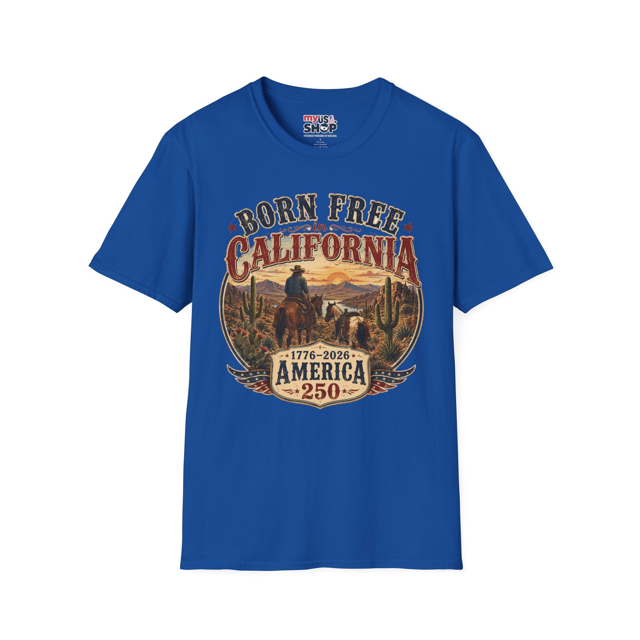America 250 Born Free in California T-Shirt — Vintage Western Sunset Graphic