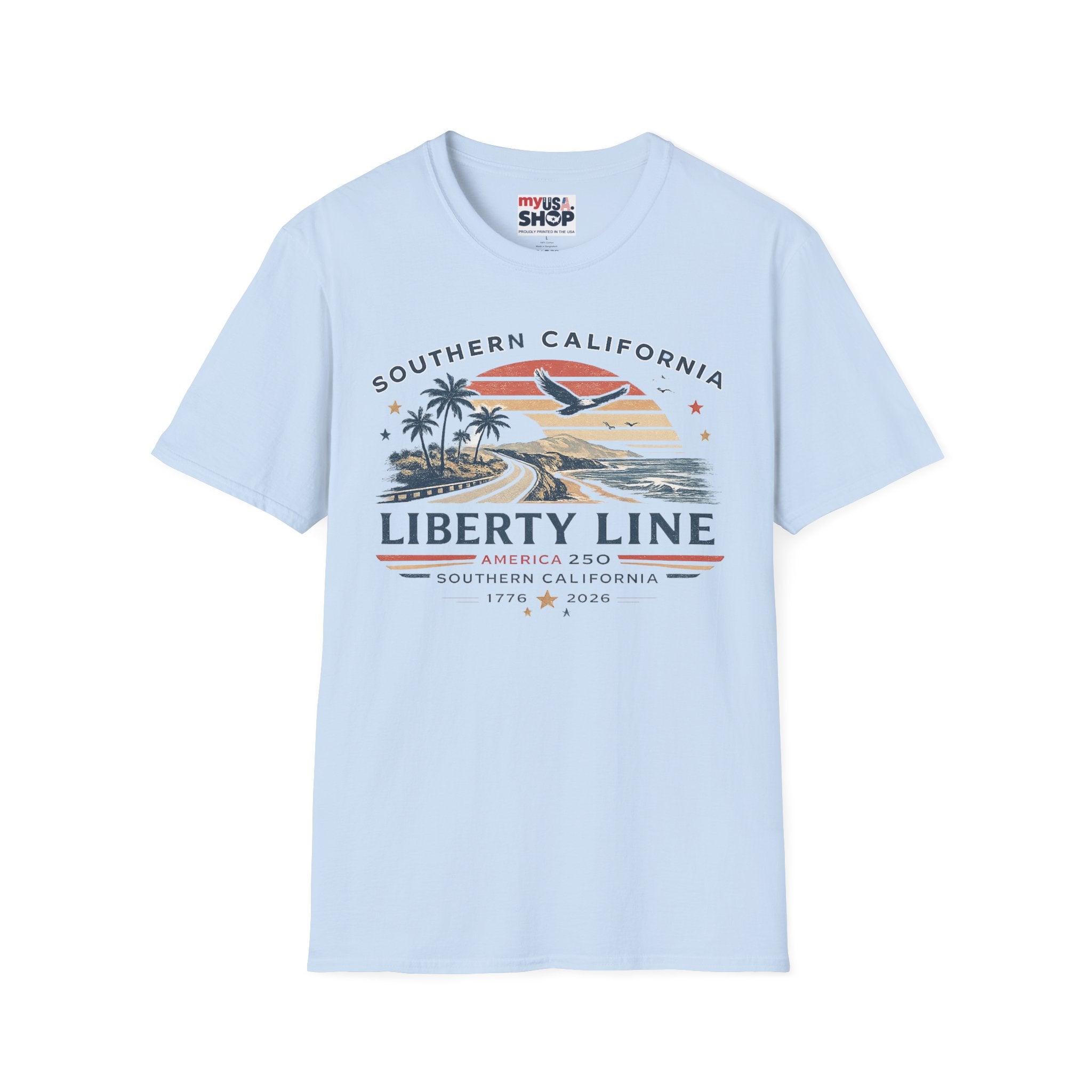 America 250 Southern California Liberty Line T-Shirt — Retro Beach Sunset Graphic