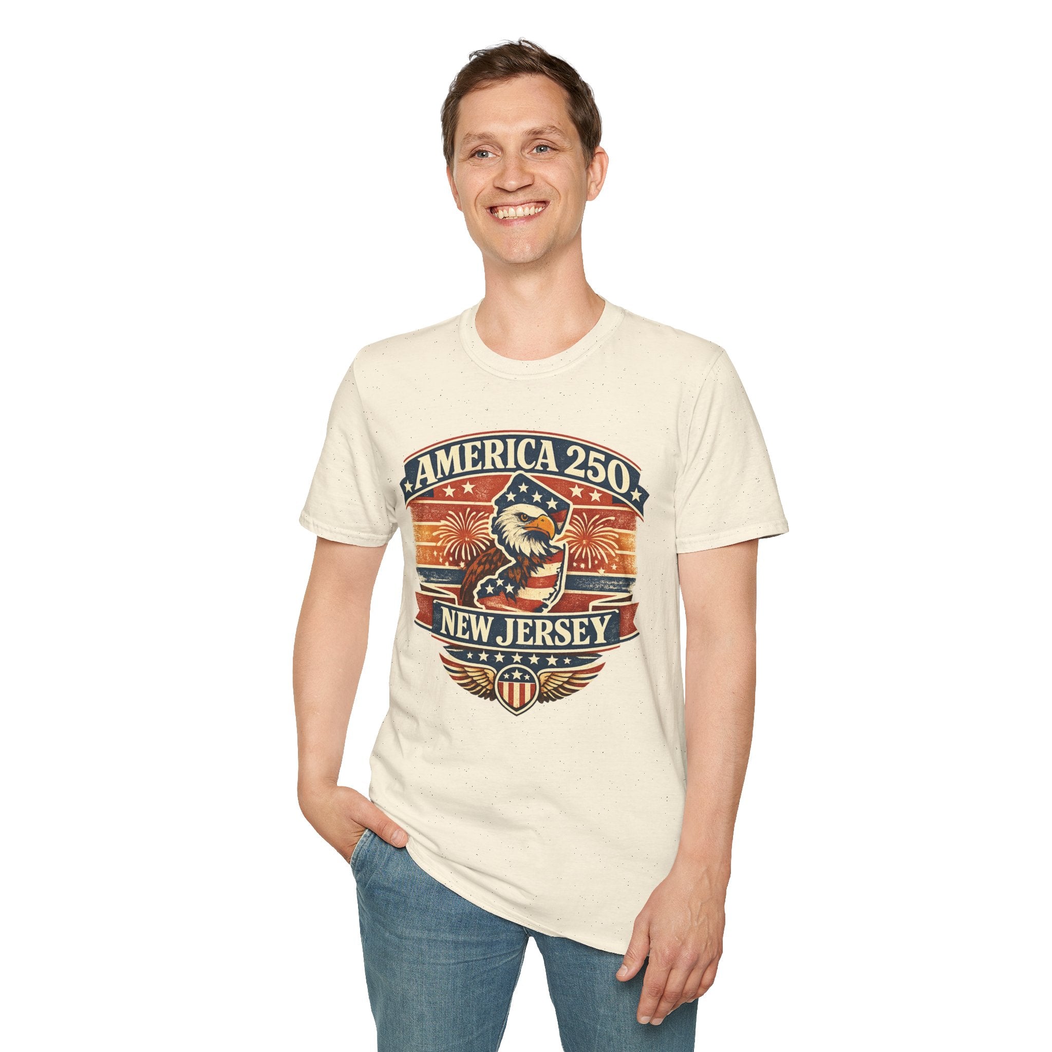 America 250 New Jersey T‑Shirt — Patriotic Bald Eagle & Fireworks Tee