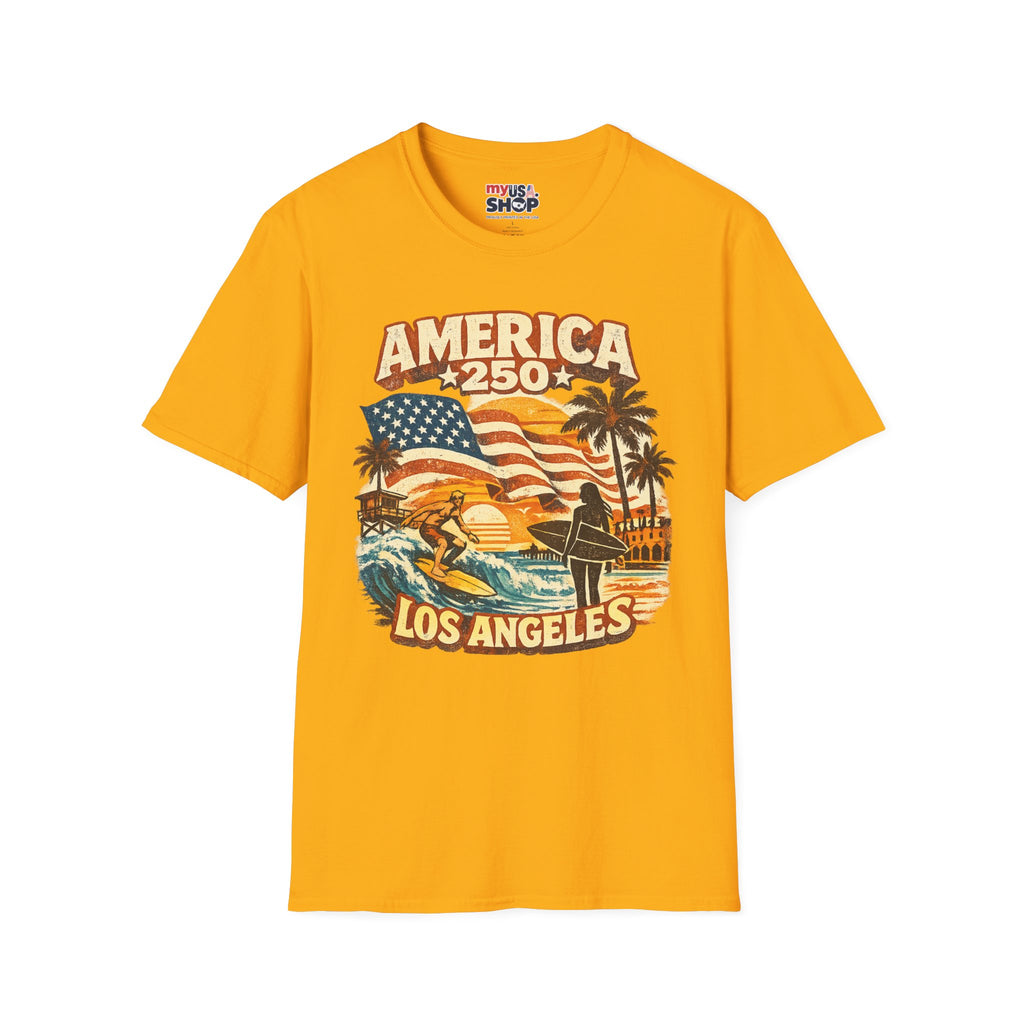 America 250 Los Angeles Surfers Beach Flag Palm Trees Sunset Retro California Tee